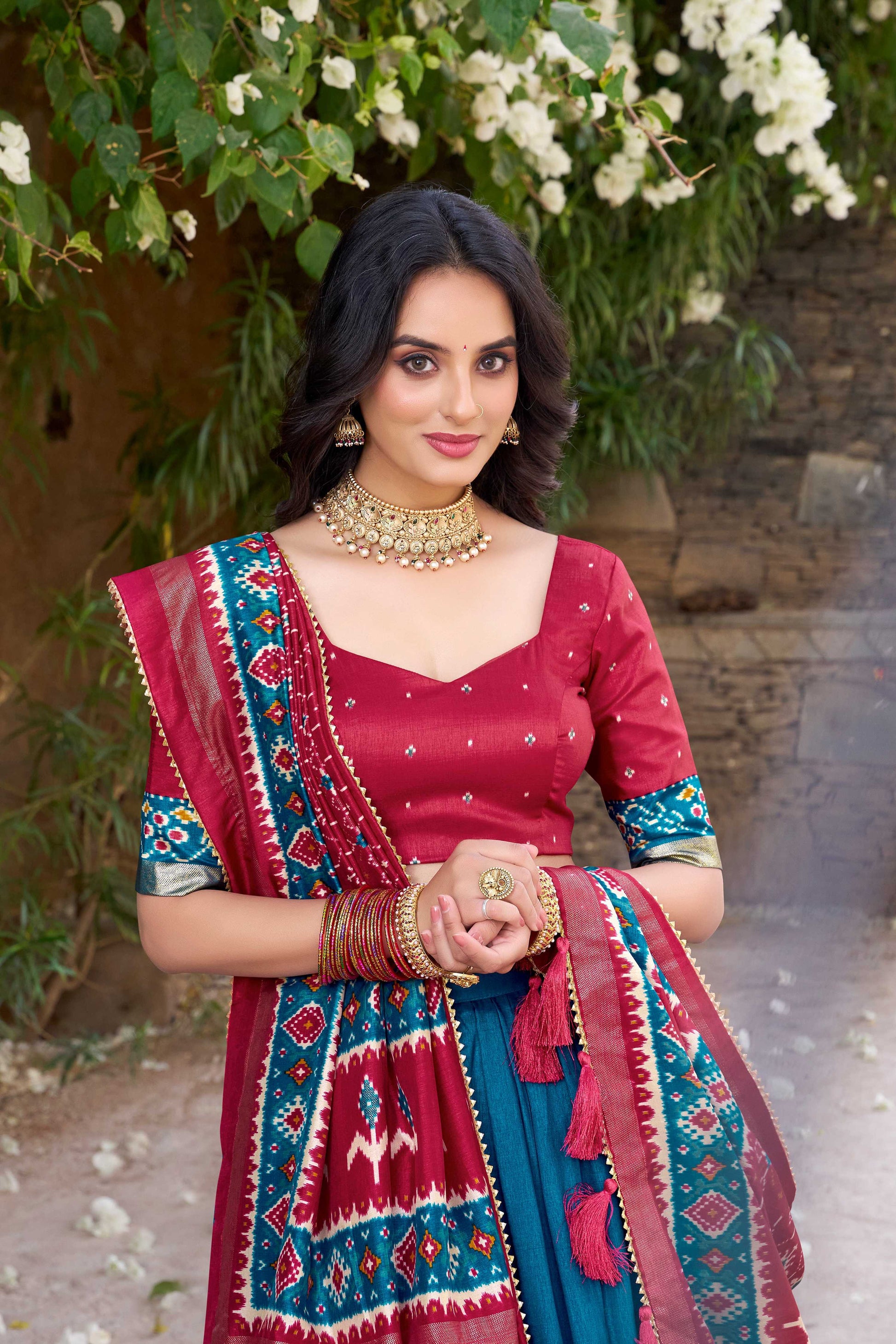 Lorenvalley Fashion Teal Tussar Silk Patola Printed With Foil Work Lehenga Choli with Dupatta 