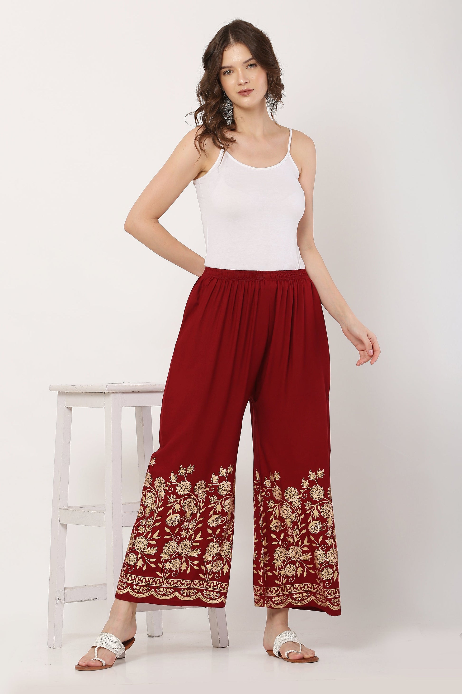 PAVONINE Maroon Color Floral Half Golden Print Sharara For Women