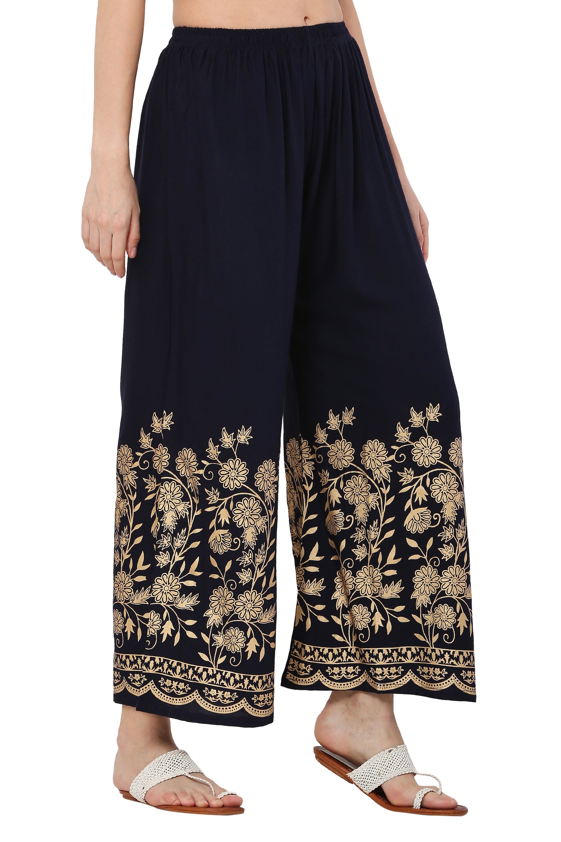 PAVONINE Navy Blue Color Floral Half Golden Print Sharara For Women