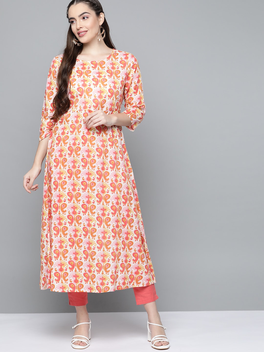 HERE&NOW Women Orange & White Ethnic Motifs Printed Kurta 