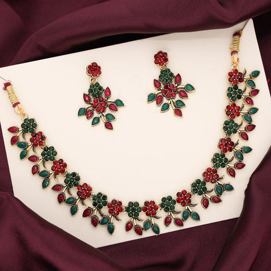 Tehzeeb Creations Green And Maroon Pack of 1 Gold-Polished Choker Necklace Set With Earring For Women & Girls