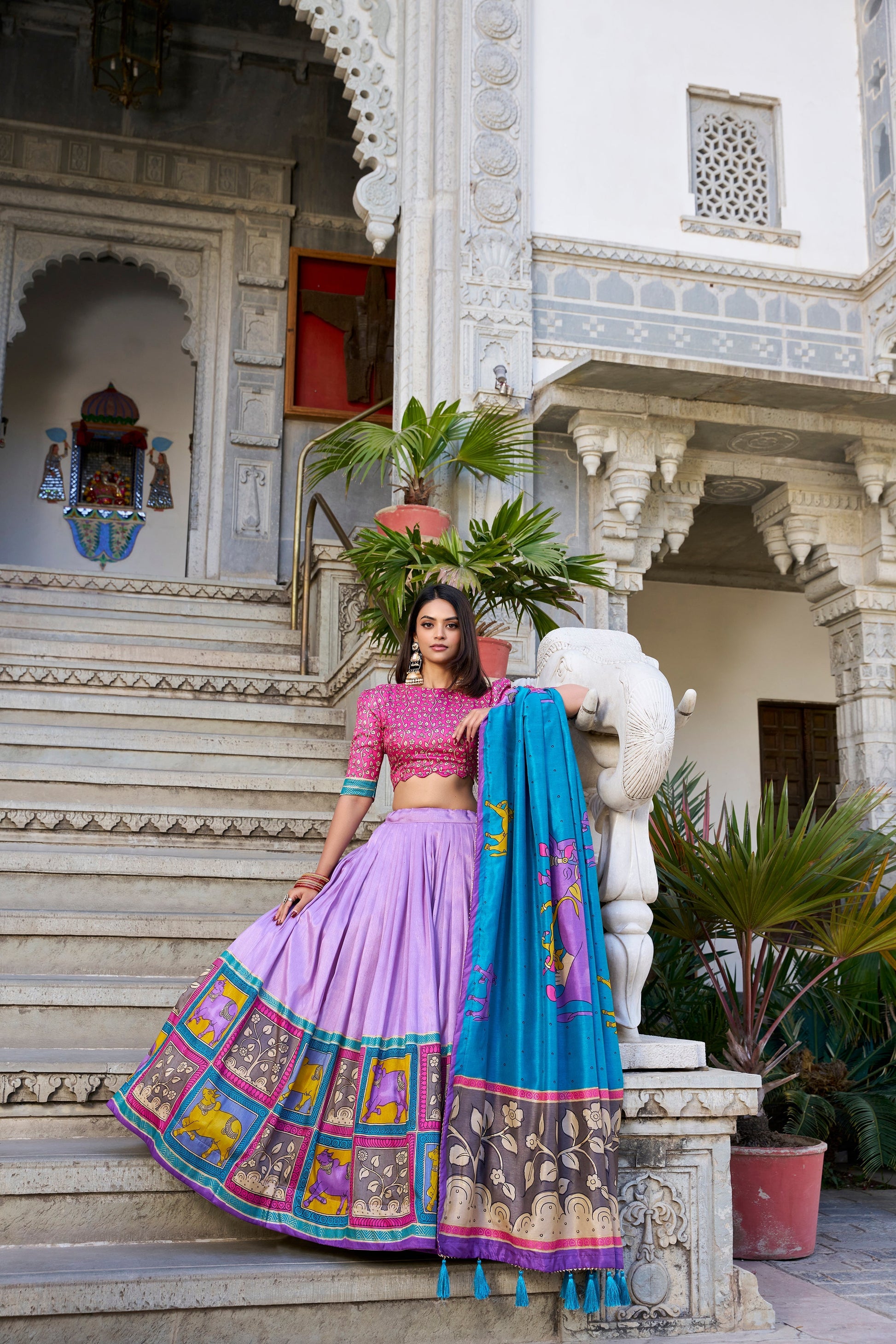 Lorenvalley Lavender Tussar Silk Kalamkari With Foil Work Lehenga Choli with Dupatta 