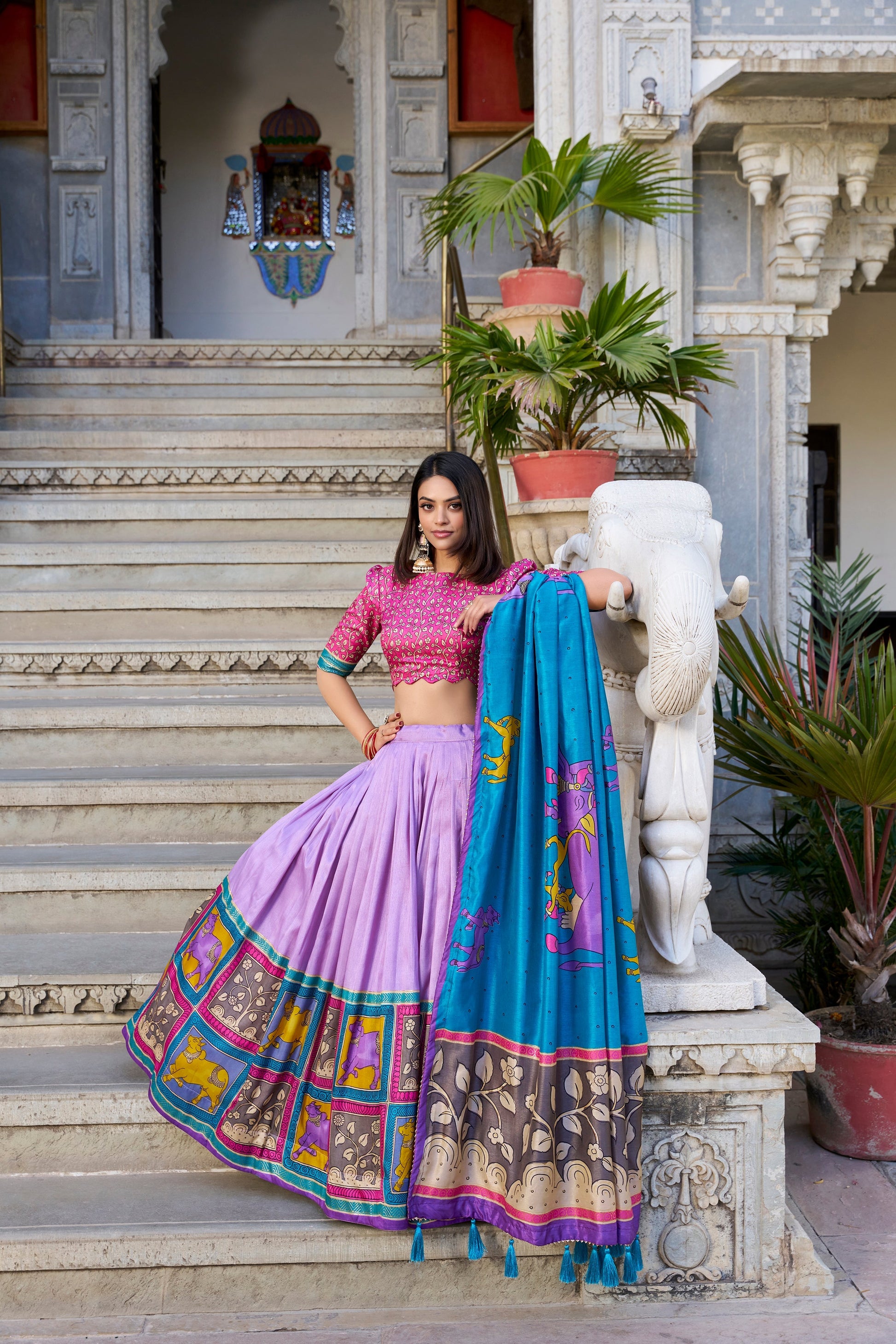 Lorenvalley Lavender Tussar Silk Kalamkari With Foil Work Lehenga Choli with Dupatta 