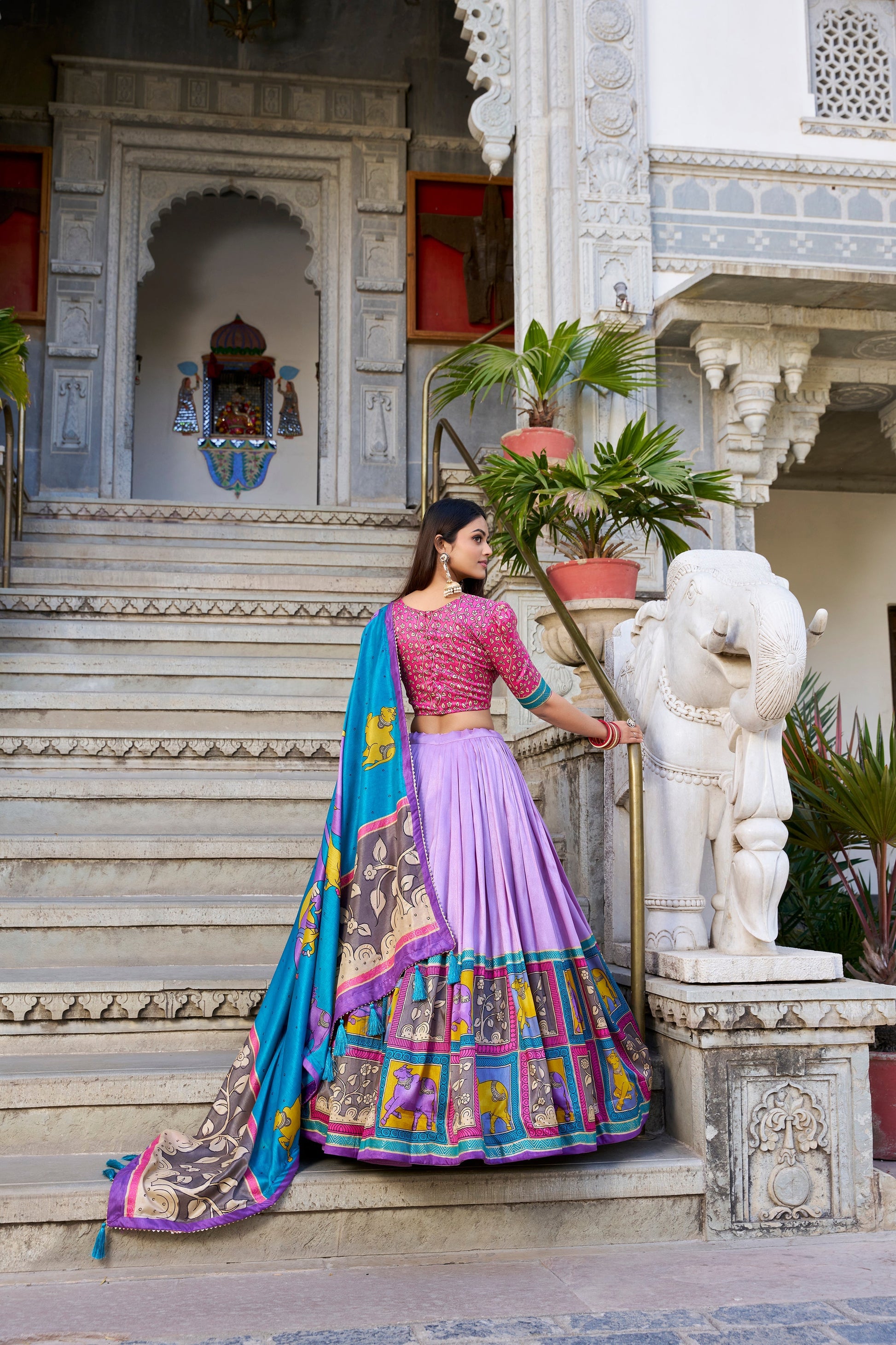 Lorenvalley Lavender Tussar Silk Kalamkari With Foil Work Lehenga Choli with Dupatta 