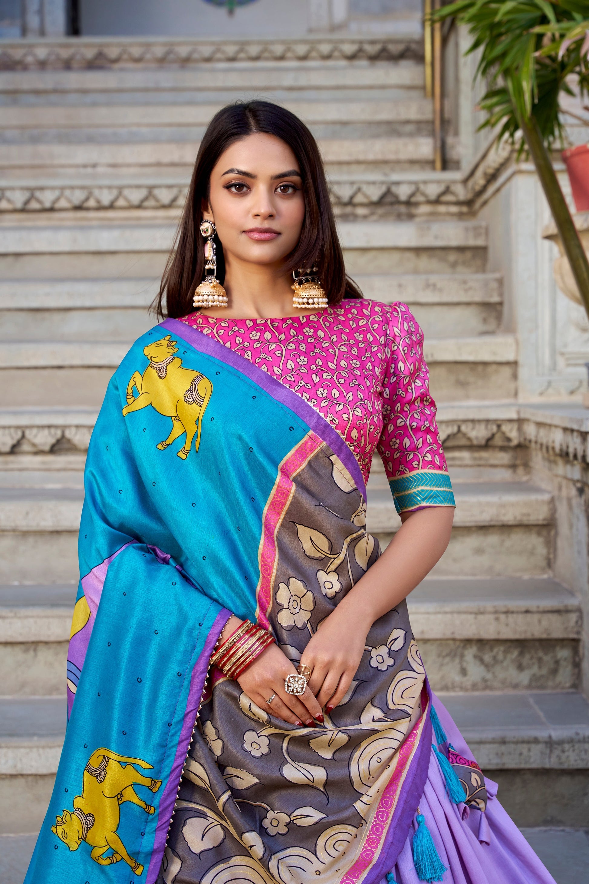 Lorenvalley Lavender Tussar Silk Kalamkari With Foil Work Lehenga Choli with Dupatta 