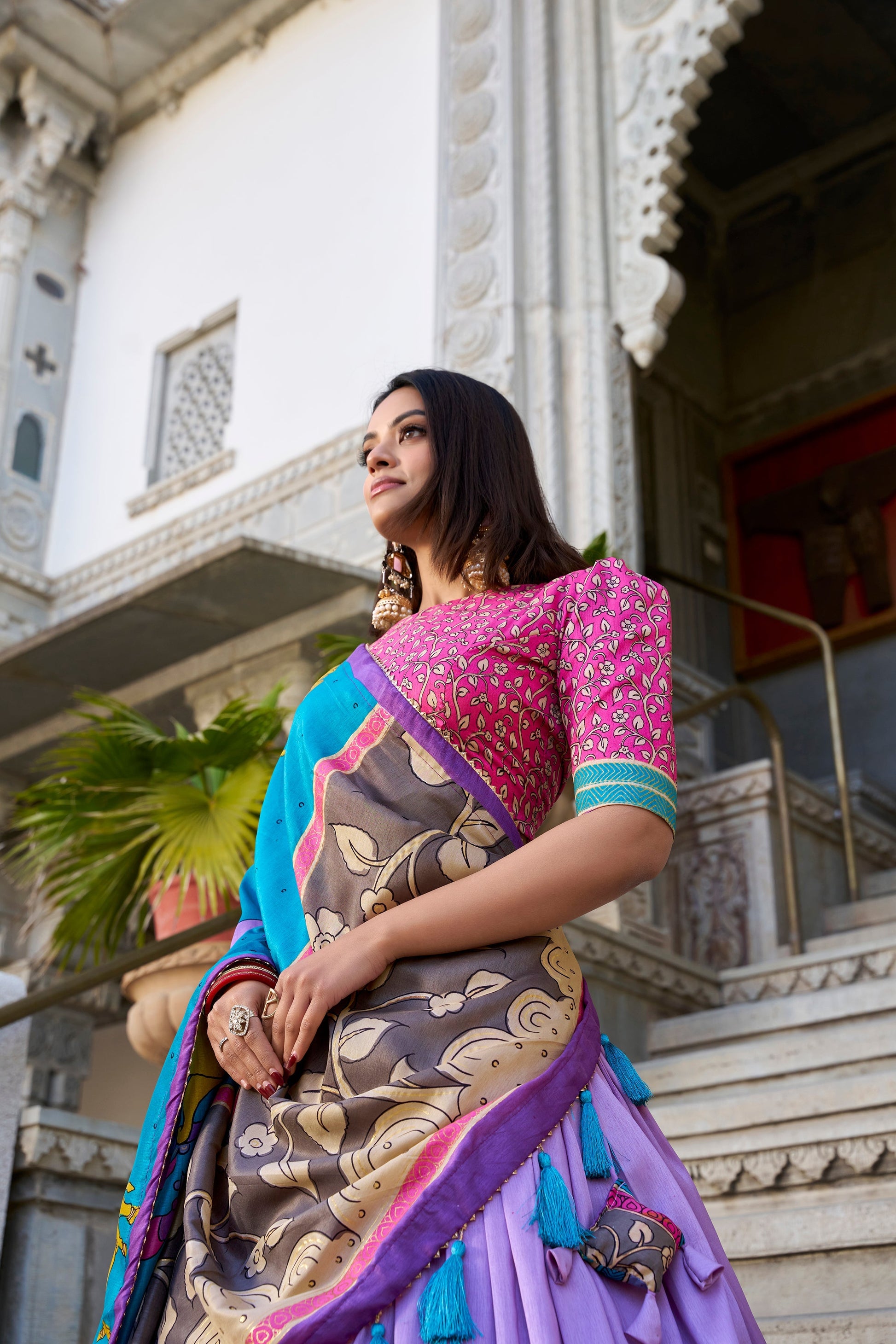 Lorenvalley Lavender Tussar Silk Kalamkari With Foil Work Lehenga Choli with Dupatta 