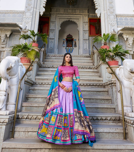Lorenvalley Lavender Tussar Silk Kalamkari With Foil Work Lehenga Choli with Dupatta 