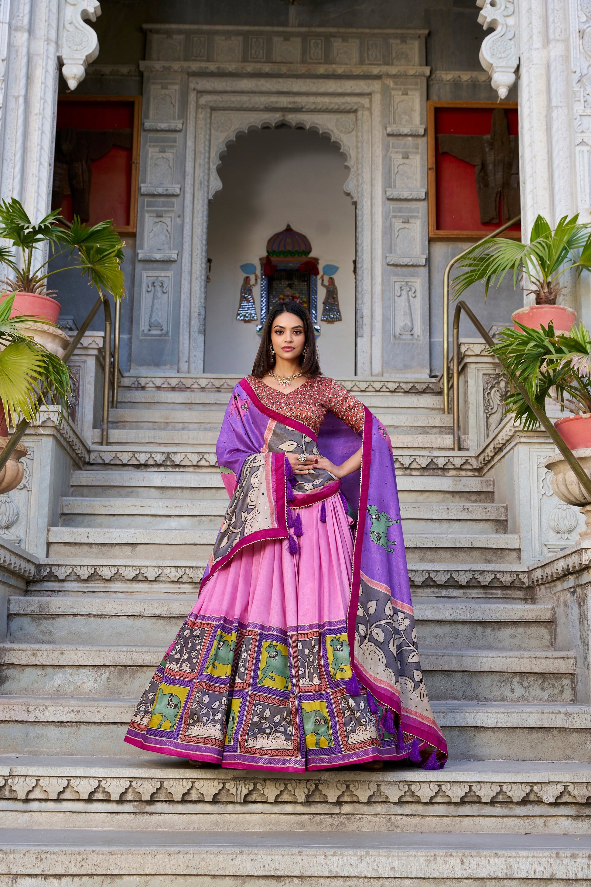 Lorenvalley Peach Tussar Silk Kalamkari With Foil Work Lehenga Choli with Dupatta 