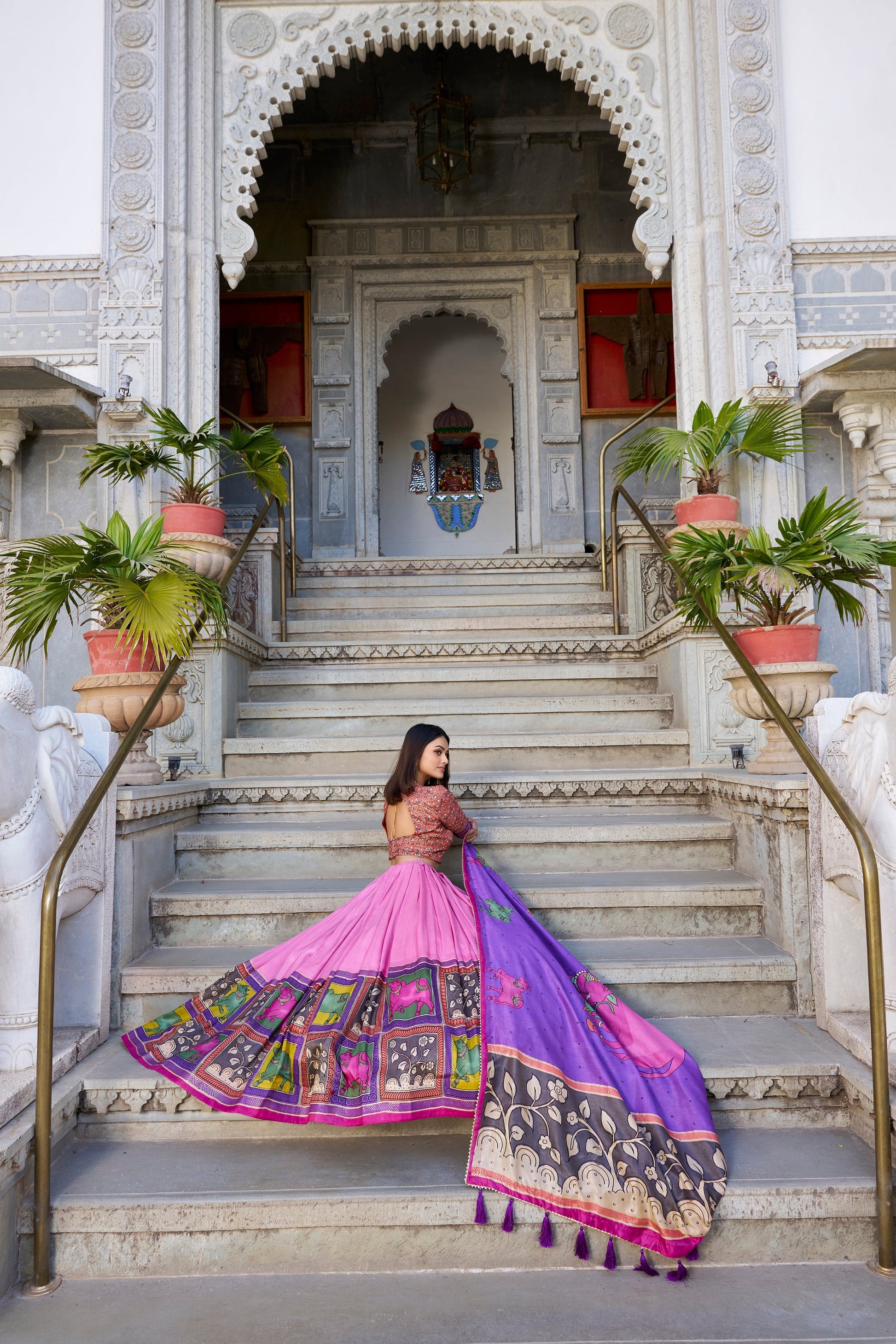 Lorenvalley Peach Tussar Silk Kalamkari With Foil Work Lehenga Choli with Dupatta 