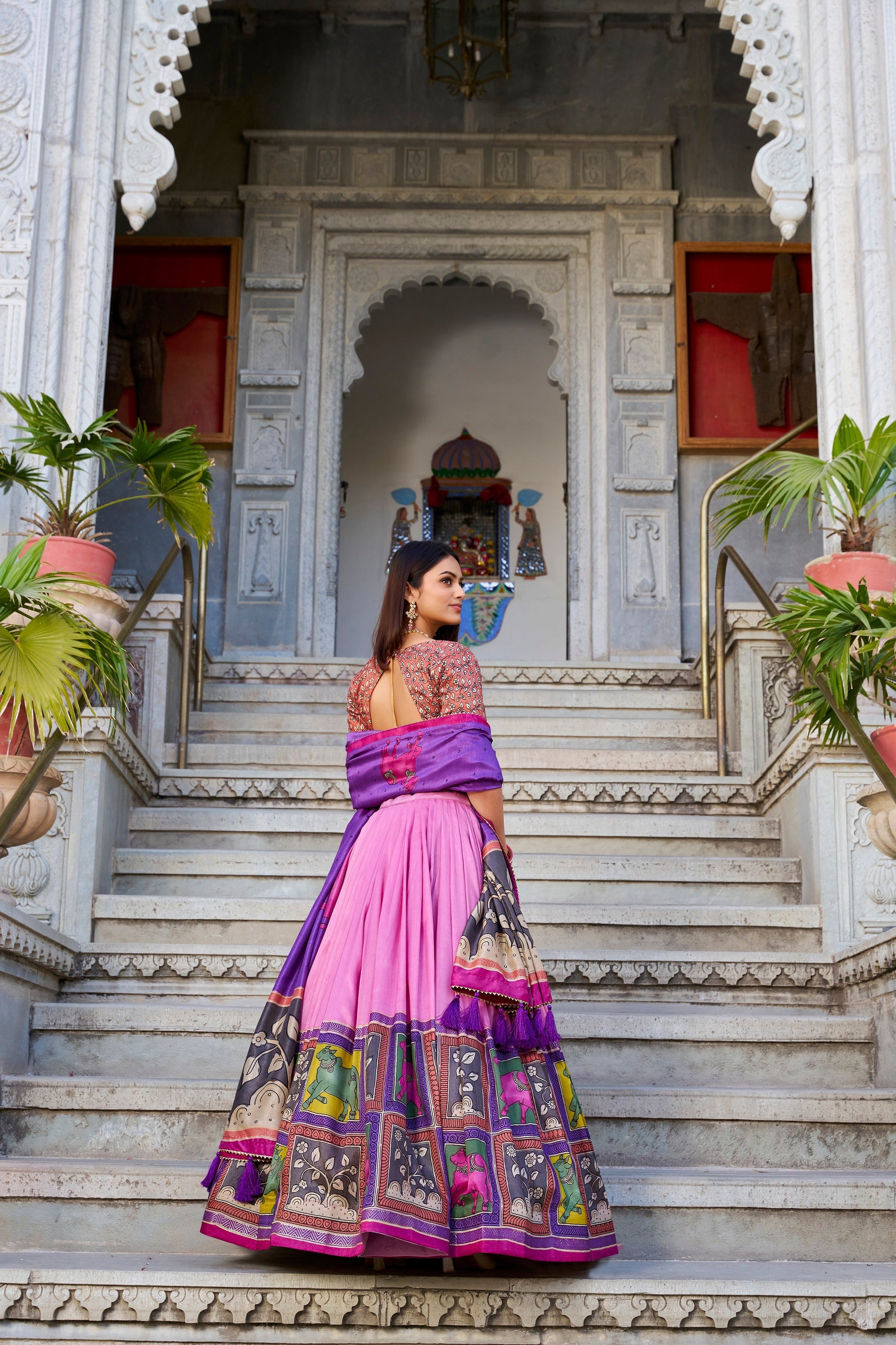 Lorenvalley Peach Tussar Silk Kalamkari With Foil Work Lehenga Choli with Dupatta 