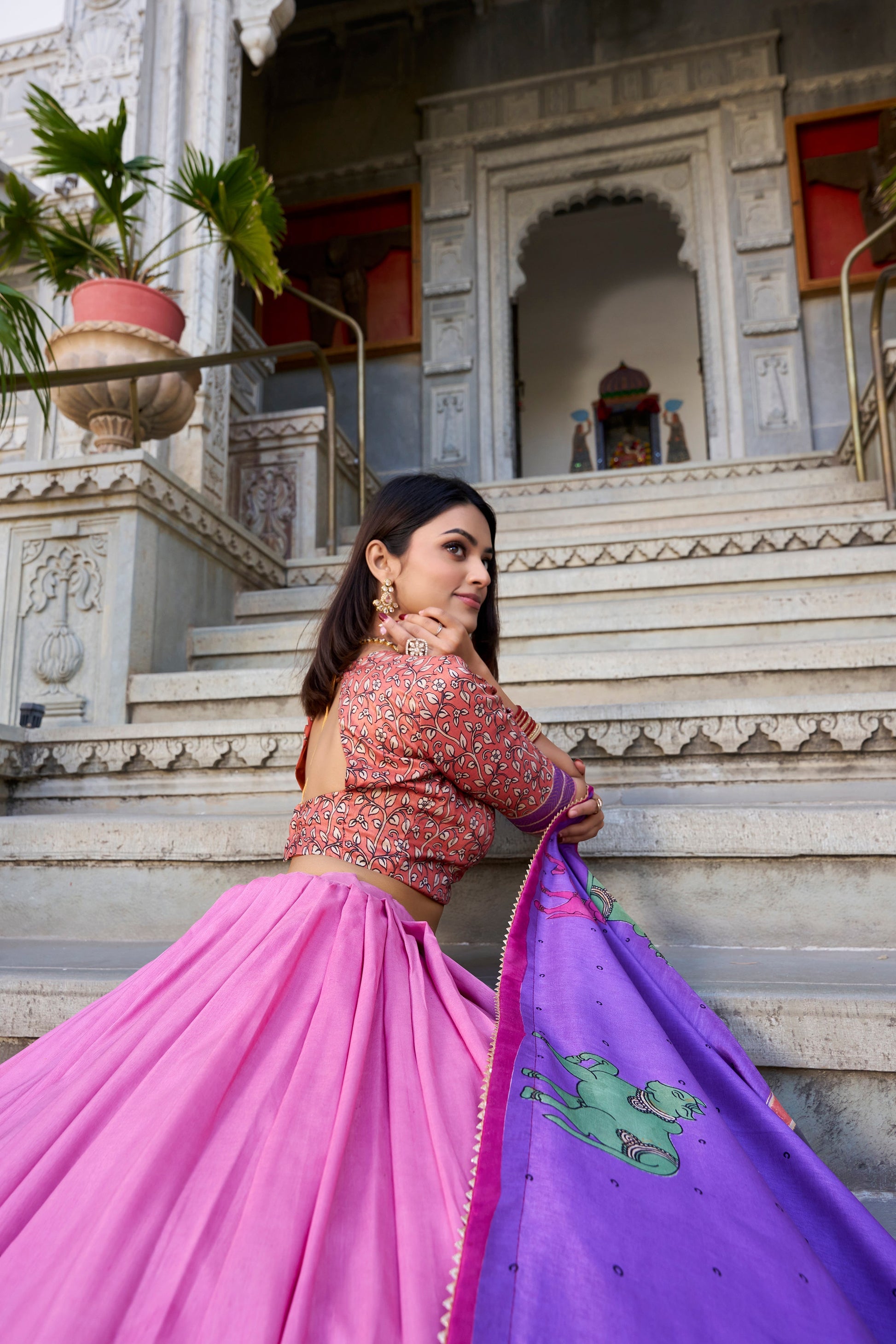 Lorenvalley Peach Tussar Silk Kalamkari With Foil Work Lehenga Choli with Dupatta 