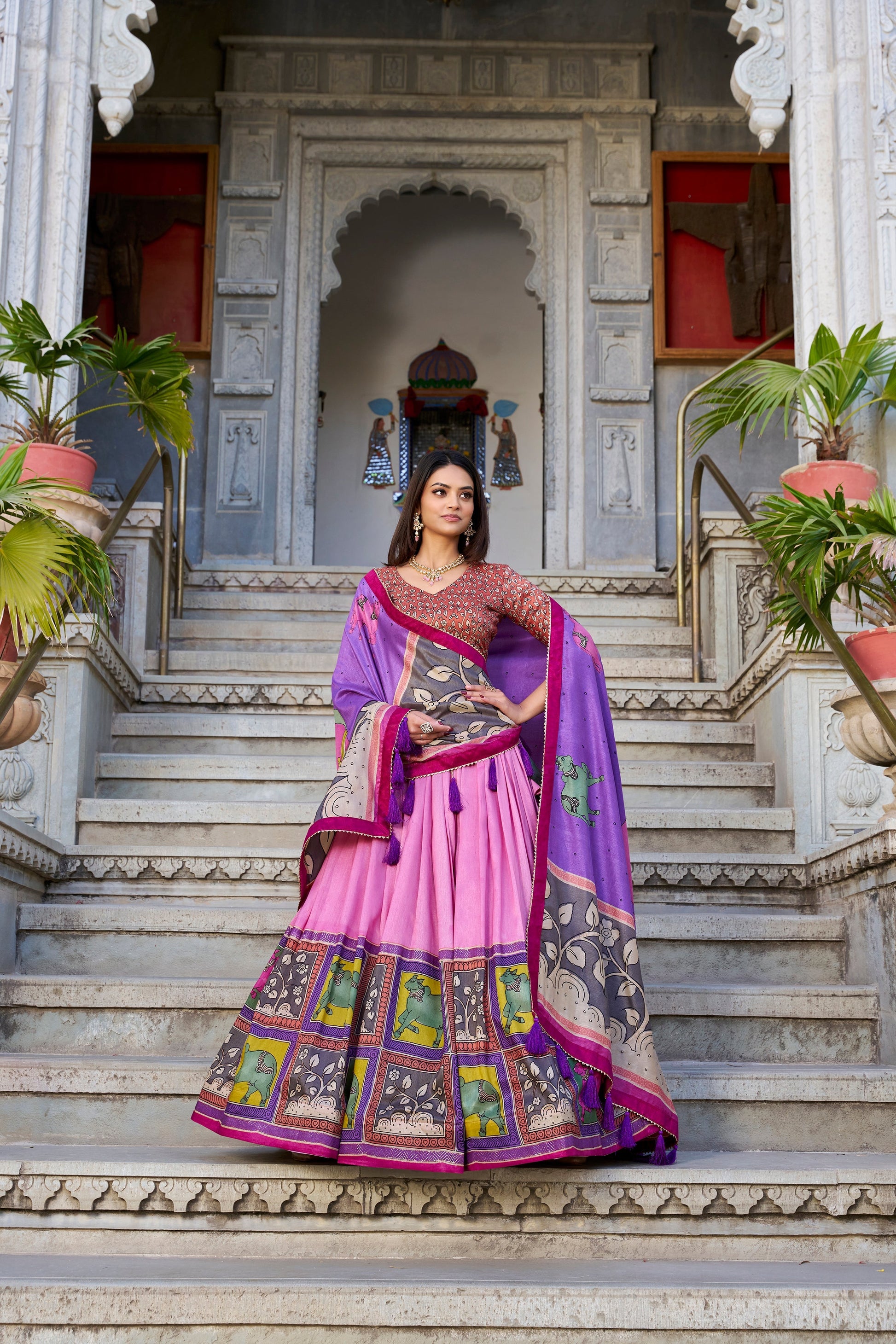 Lorenvalley Peach Tussar Silk Kalamkari With Foil Work Lehenga Choli with Dupatta 