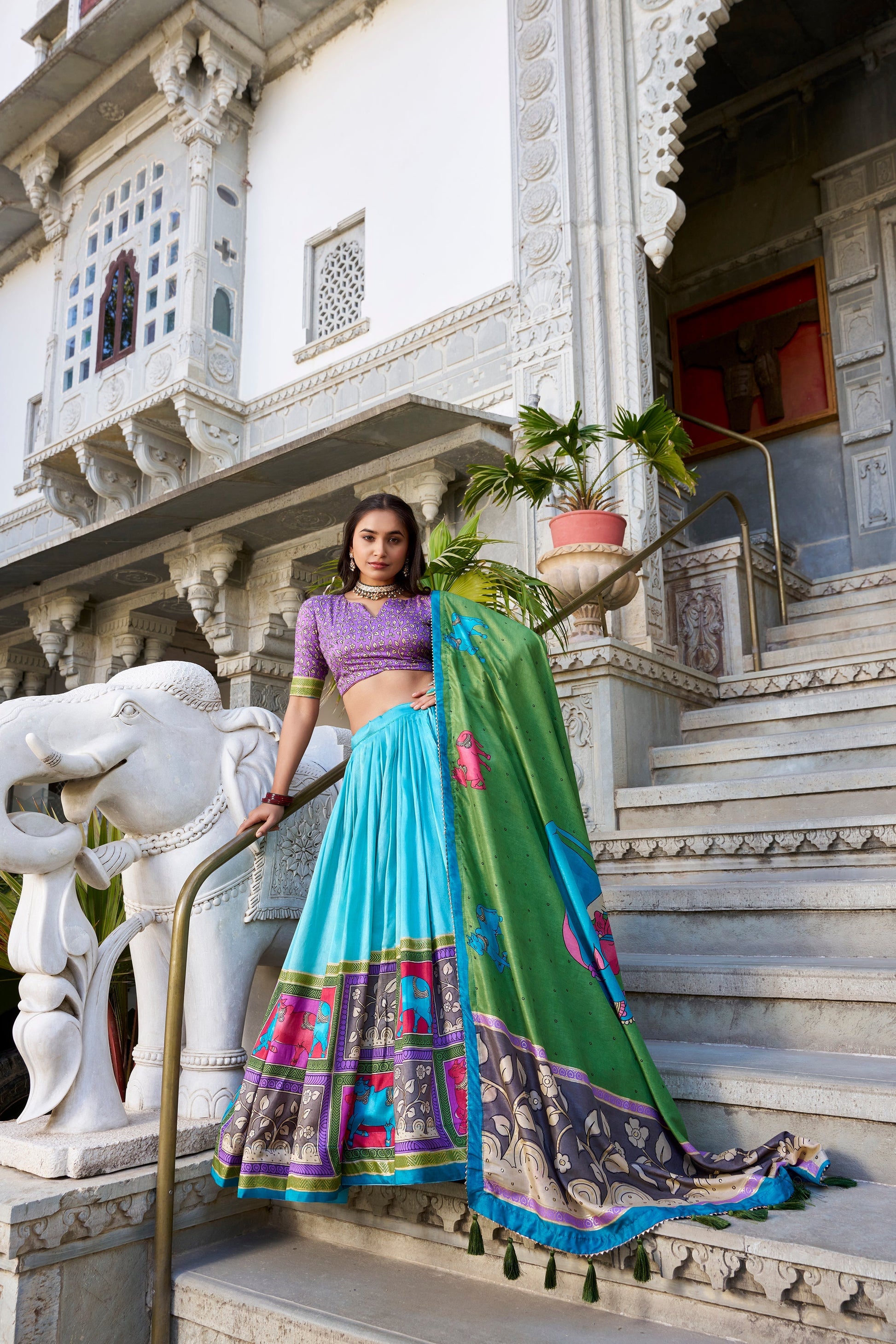 Lorenvalley Seagreen Tussar Silk Kalamkari With Foil Work Lehenga Choli with Dupatta 