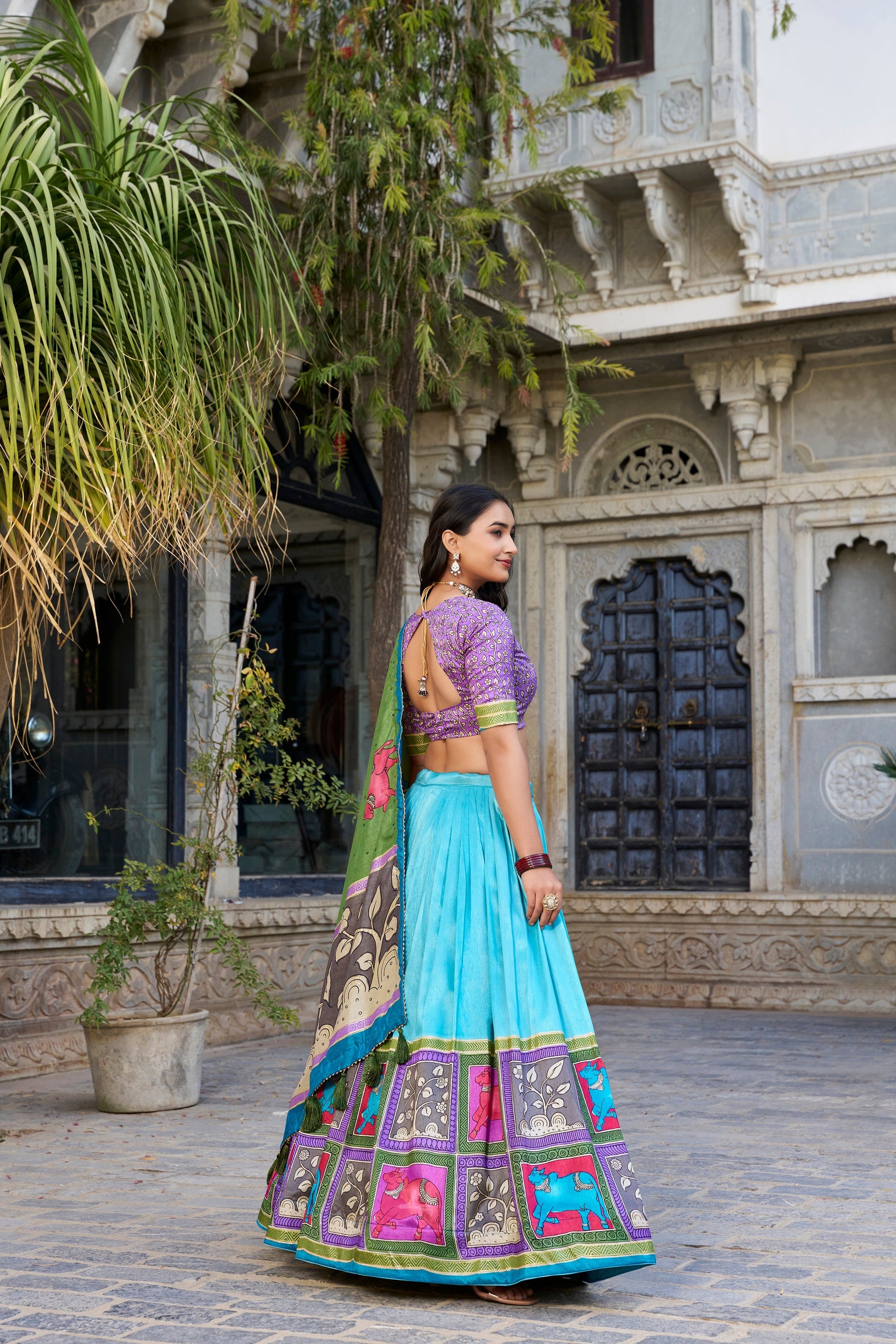 Lorenvalley Seagreen Tussar Silk Kalamkari With Foil Work Lehenga Choli with Dupatta 