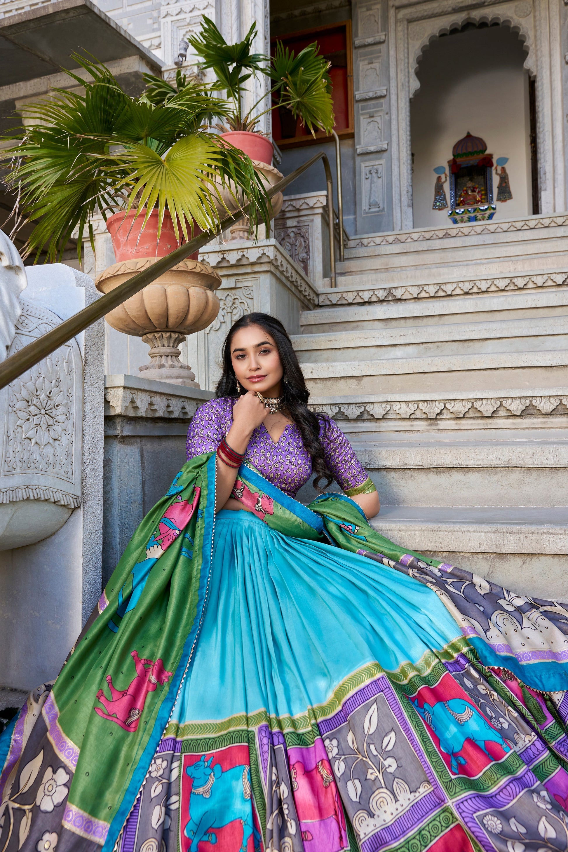 Lorenvalley Seagreen Tussar Silk Kalamkari With Foil Work Lehenga Choli with Dupatta 