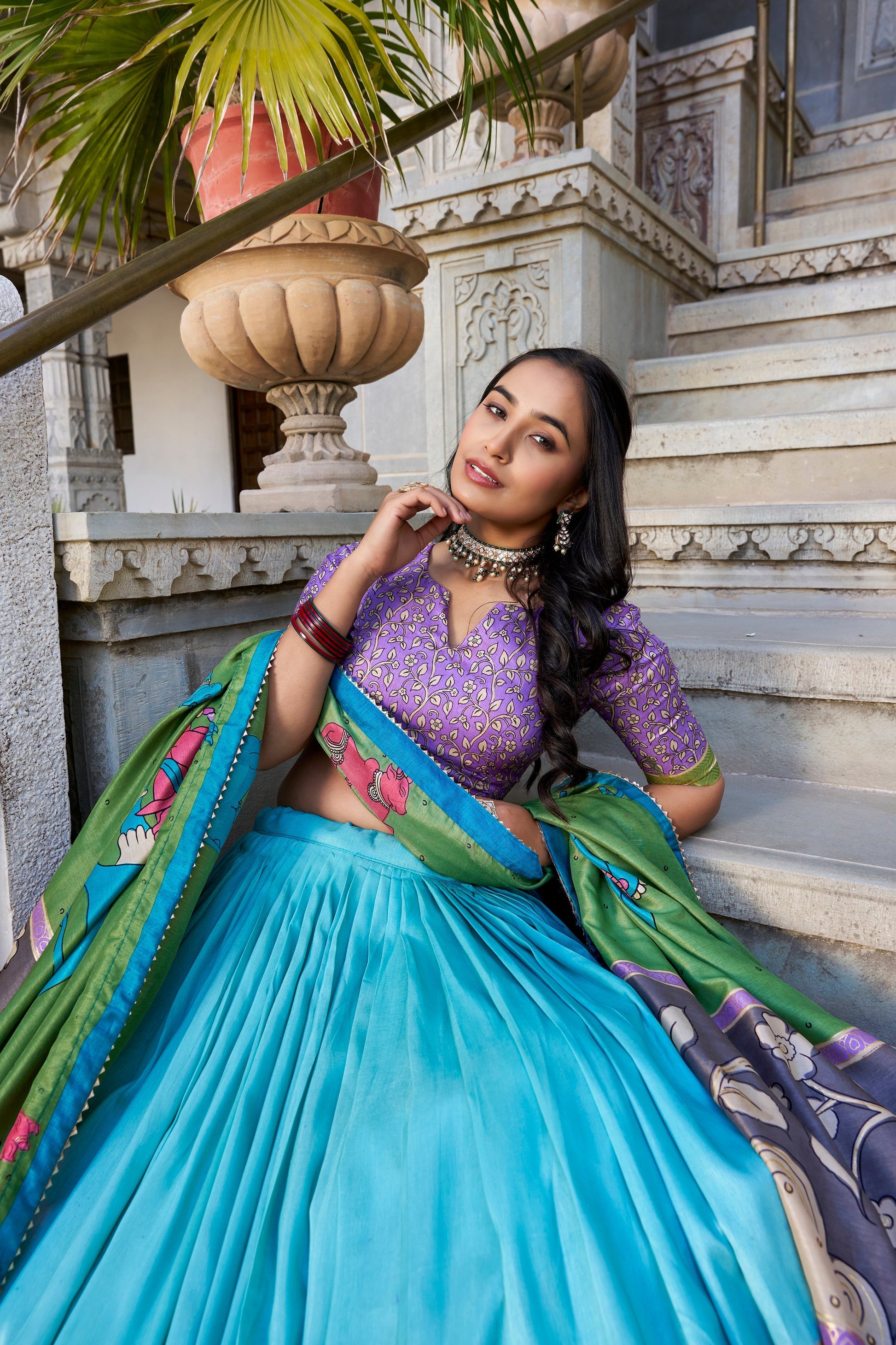Lorenvalley Seagreen Tussar Silk Kalamkari With Foil Work Lehenga Choli with Dupatta 