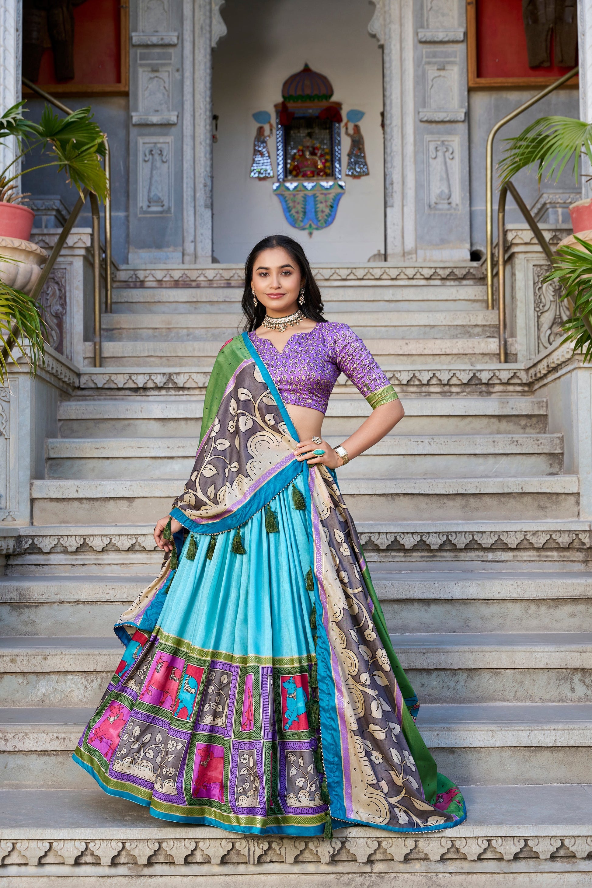 Lorenvalley Seagreen Tussar Silk Kalamkari With Foil Work Lehenga Choli with Dupatta 