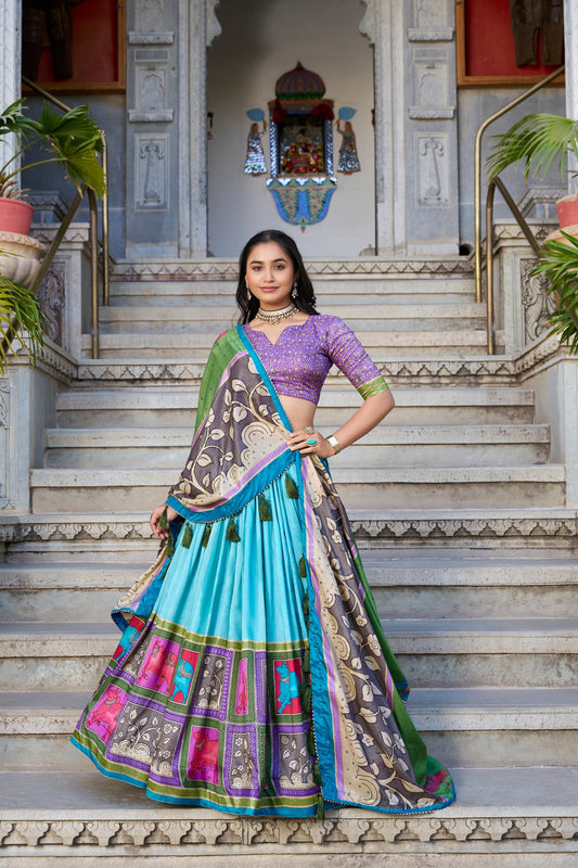 Lorenvalley Seagreen Tussar Silk Kalamkari With Foil Work Lehenga Choli with Dupatta 