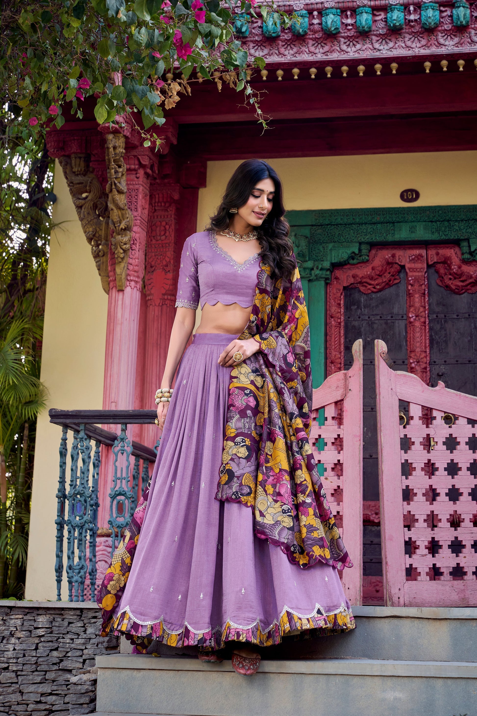 Lorenvalley Lavender Vichitra Silk Sequins and Thread Embroidery Work with Kalamkari Print Border Lehenga Choli with Dupatta 