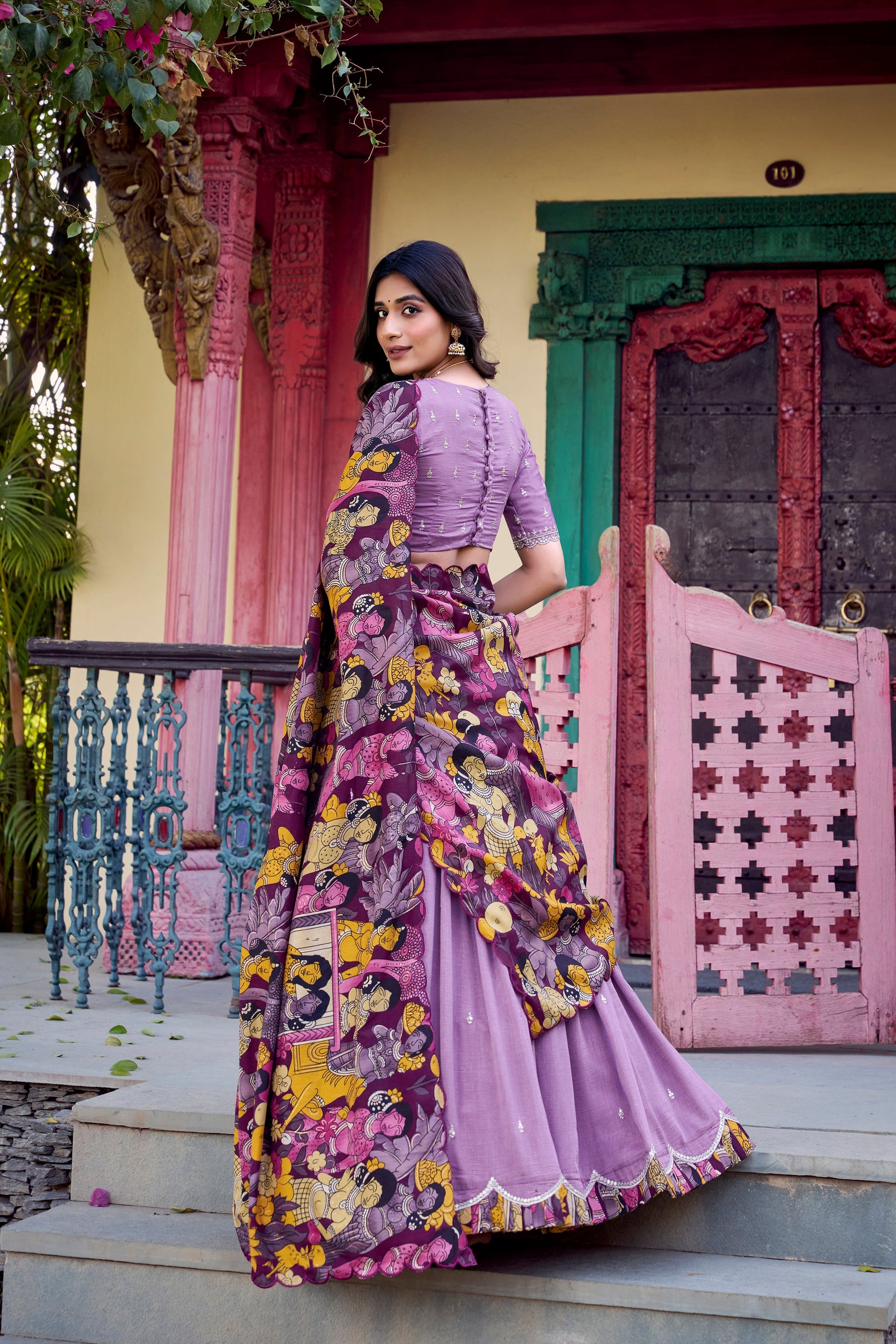 Lorenvalley Lavender Vichitra Silk Sequins and Thread Embroidery Work with Kalamkari Print Border Lehenga Choli with Dupatta 