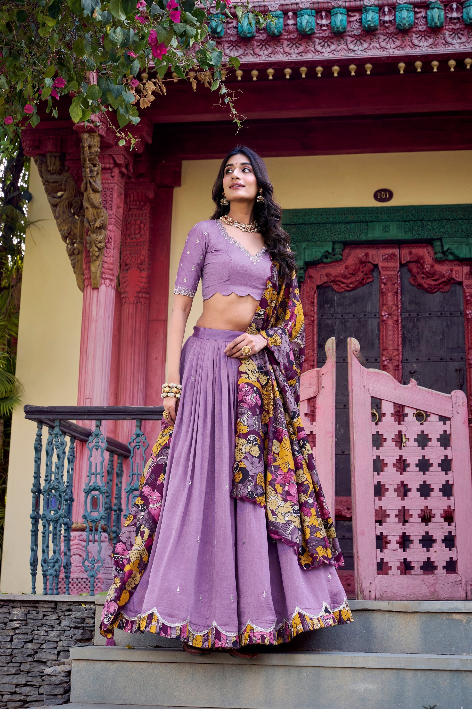 Lorenvalley Lavender Vichitra Silk Sequins and Thread Embroidery Work with Kalamkari Print Border Lehenga Choli with Dupatta 