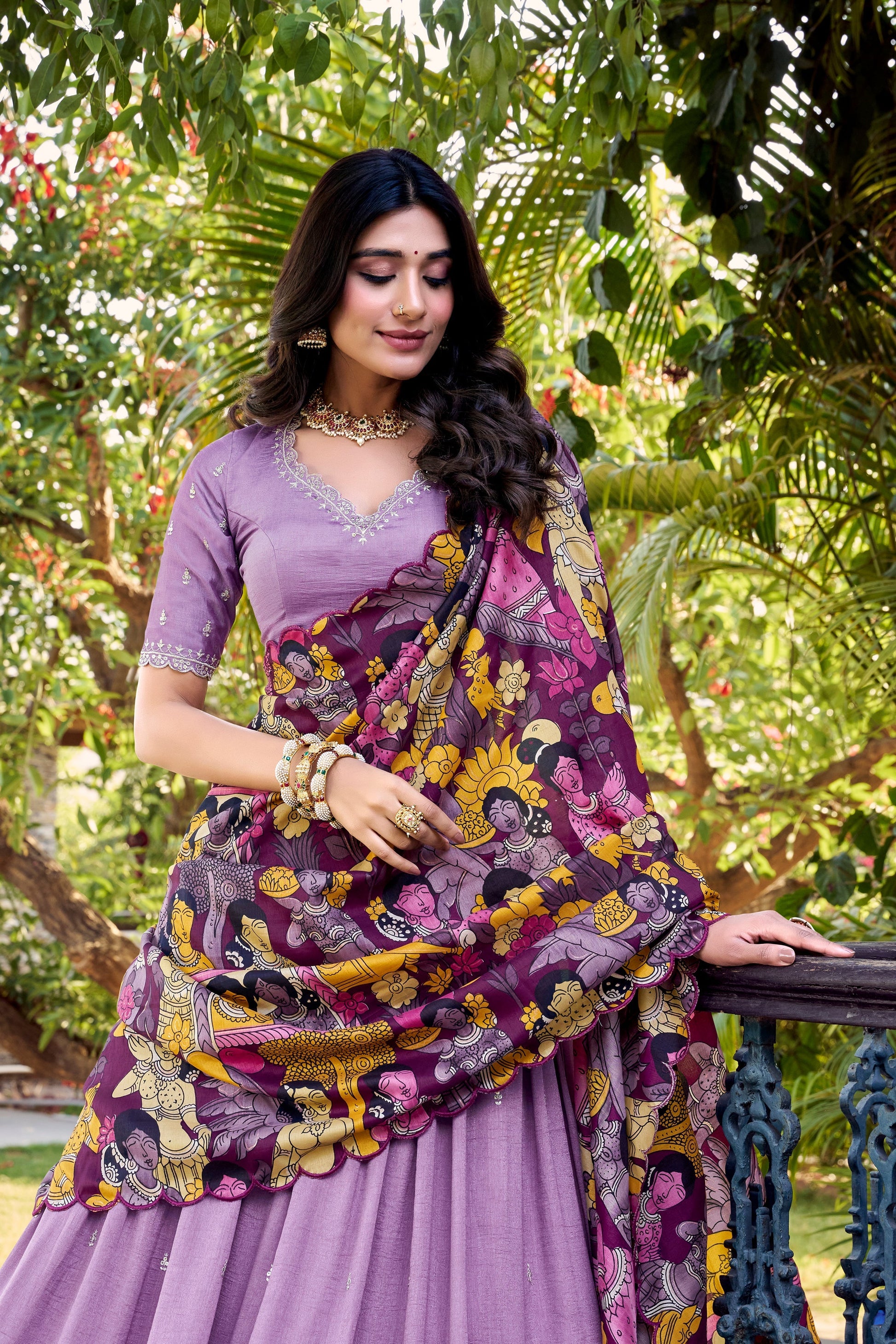 Lorenvalley Lavender Vichitra Silk Sequins and Thread Embroidery Work with Kalamkari Print Border Lehenga Choli with Dupatta 