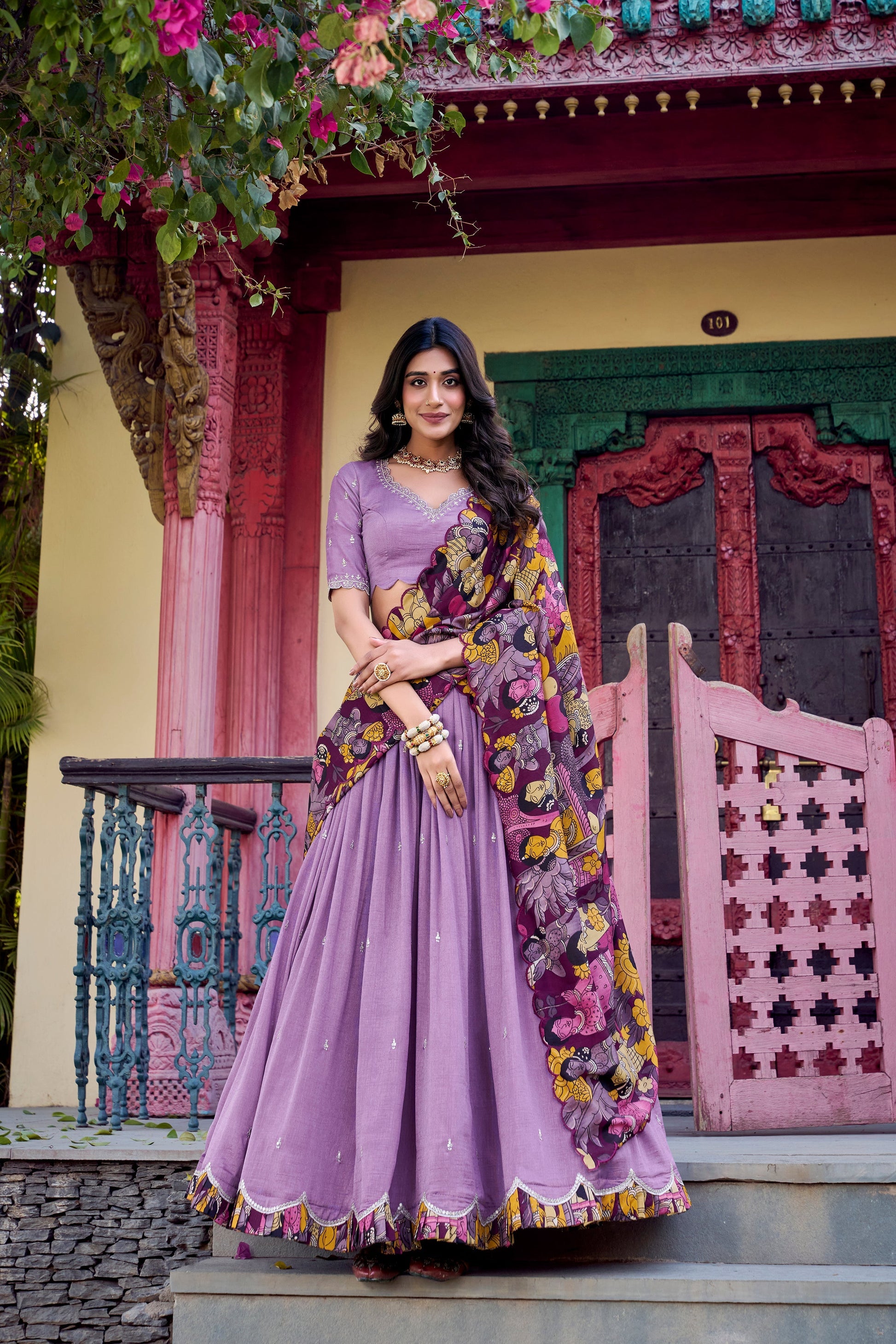 Lorenvalley Lavender Vichitra Silk Sequins and Thread Embroidery Work with Kalamkari Print Border Lehenga Choli with Dupatta 