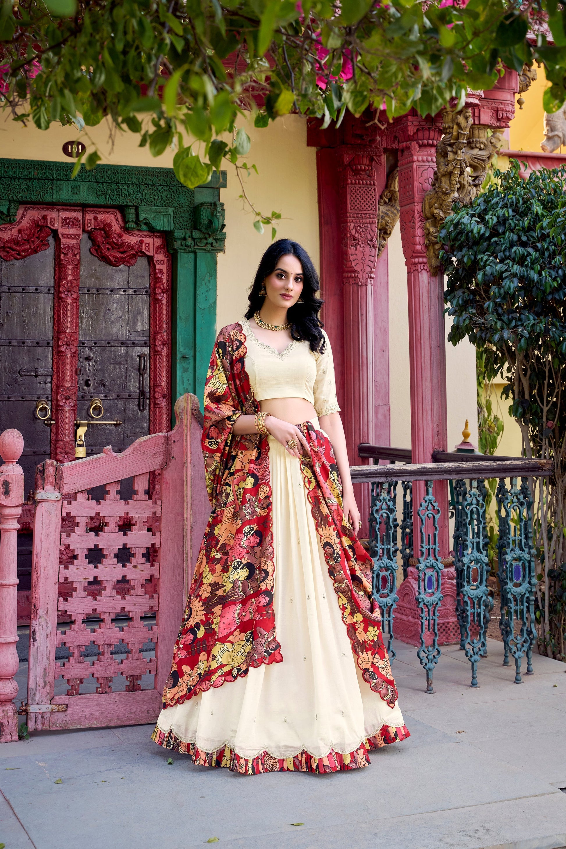 Lorenvalley Off White Vichitra Silk Sequins and Thread Embroidery Work with Kalamkari Print Border Lehenga Choli with Dupatta 