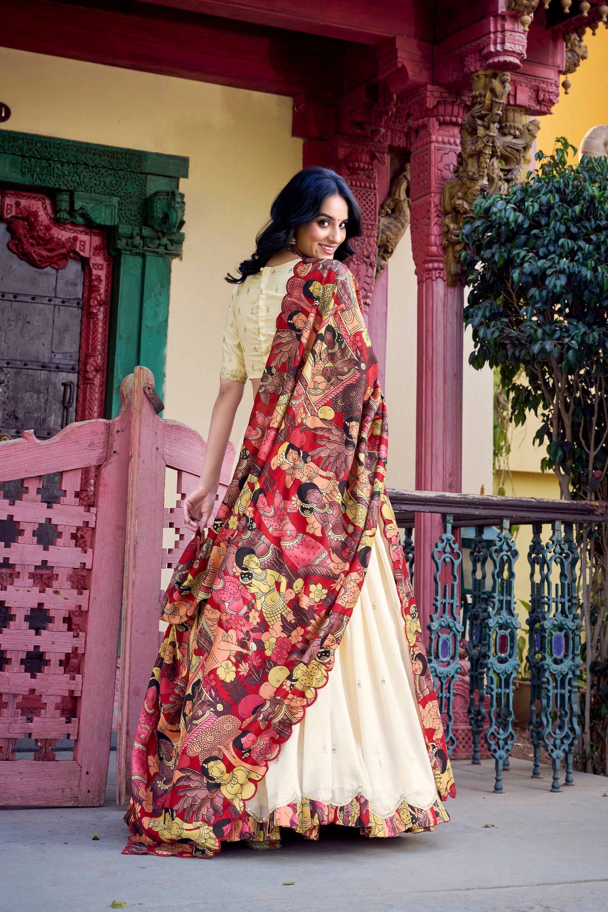 Lorenvalley Off White Vichitra Silk Sequins and Thread Embroidery Work with Kalamkari Print Border Lehenga Choli with Dupatta 
