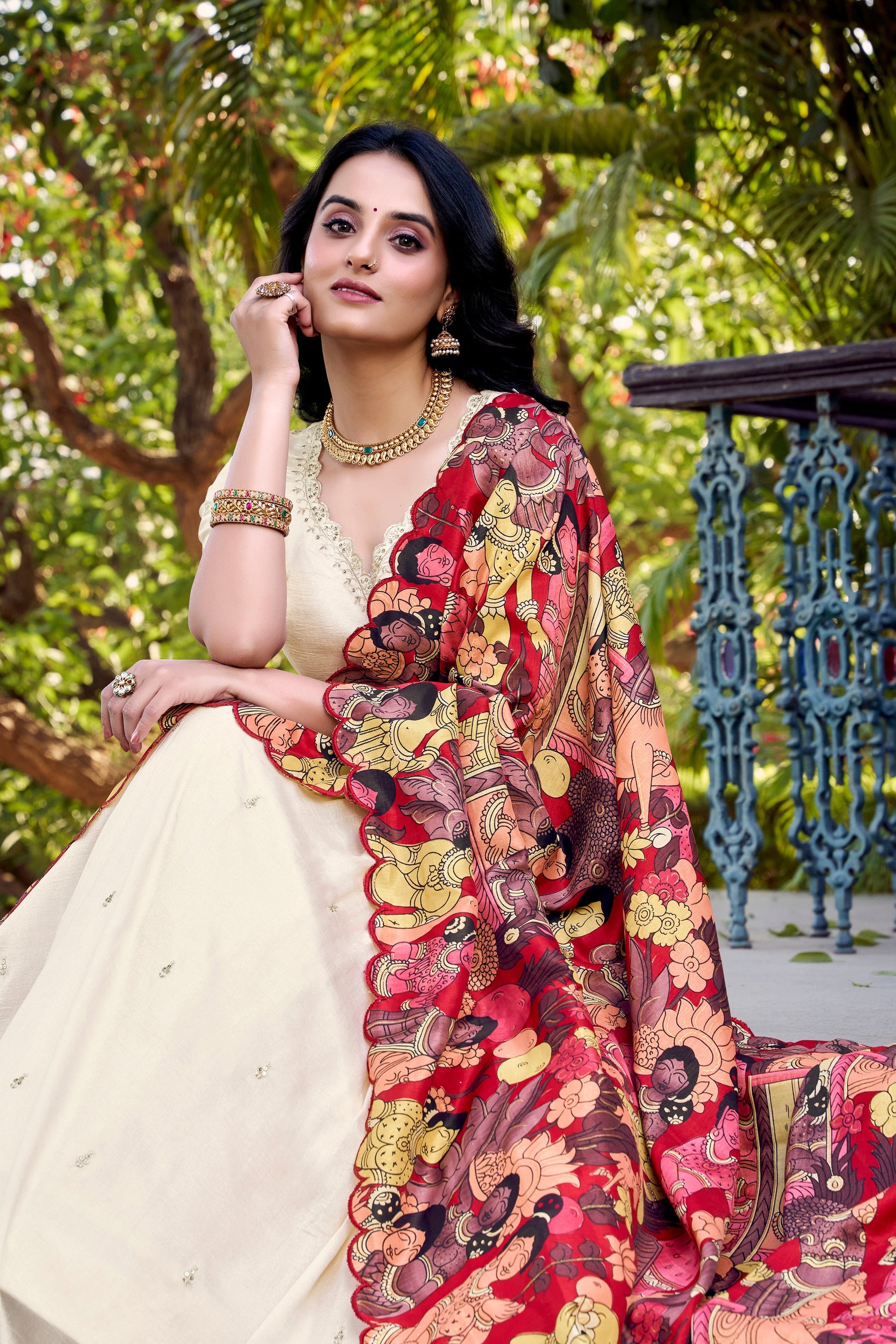 Lorenvalley Off White Vichitra Silk Sequins and Thread Embroidery Work with Kalamkari Print Border Lehenga Choli with Dupatta 