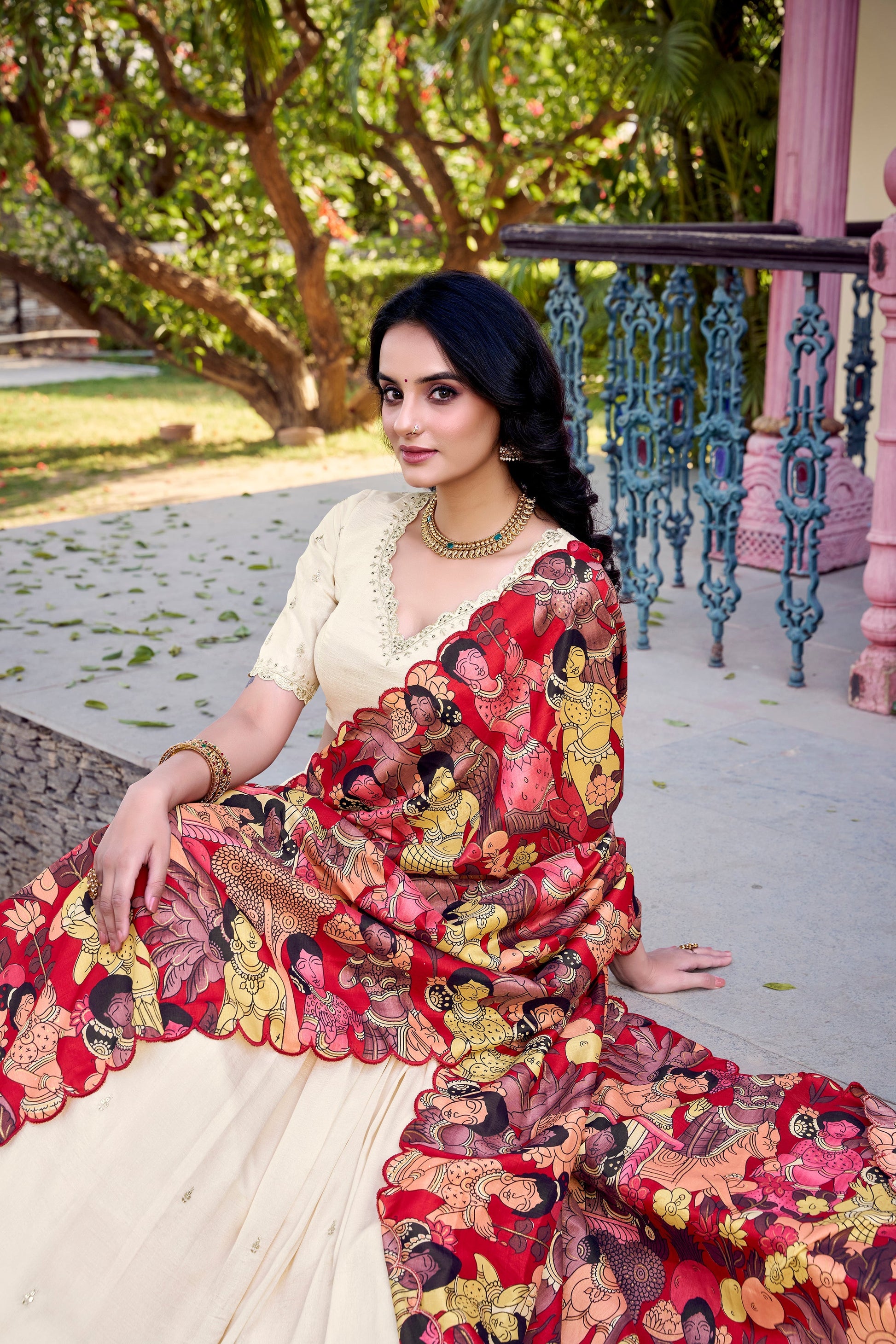 Lorenvalley Off White Vichitra Silk Sequins and Thread Embroidery Work with Kalamkari Print Border Lehenga Choli with Dupatta 