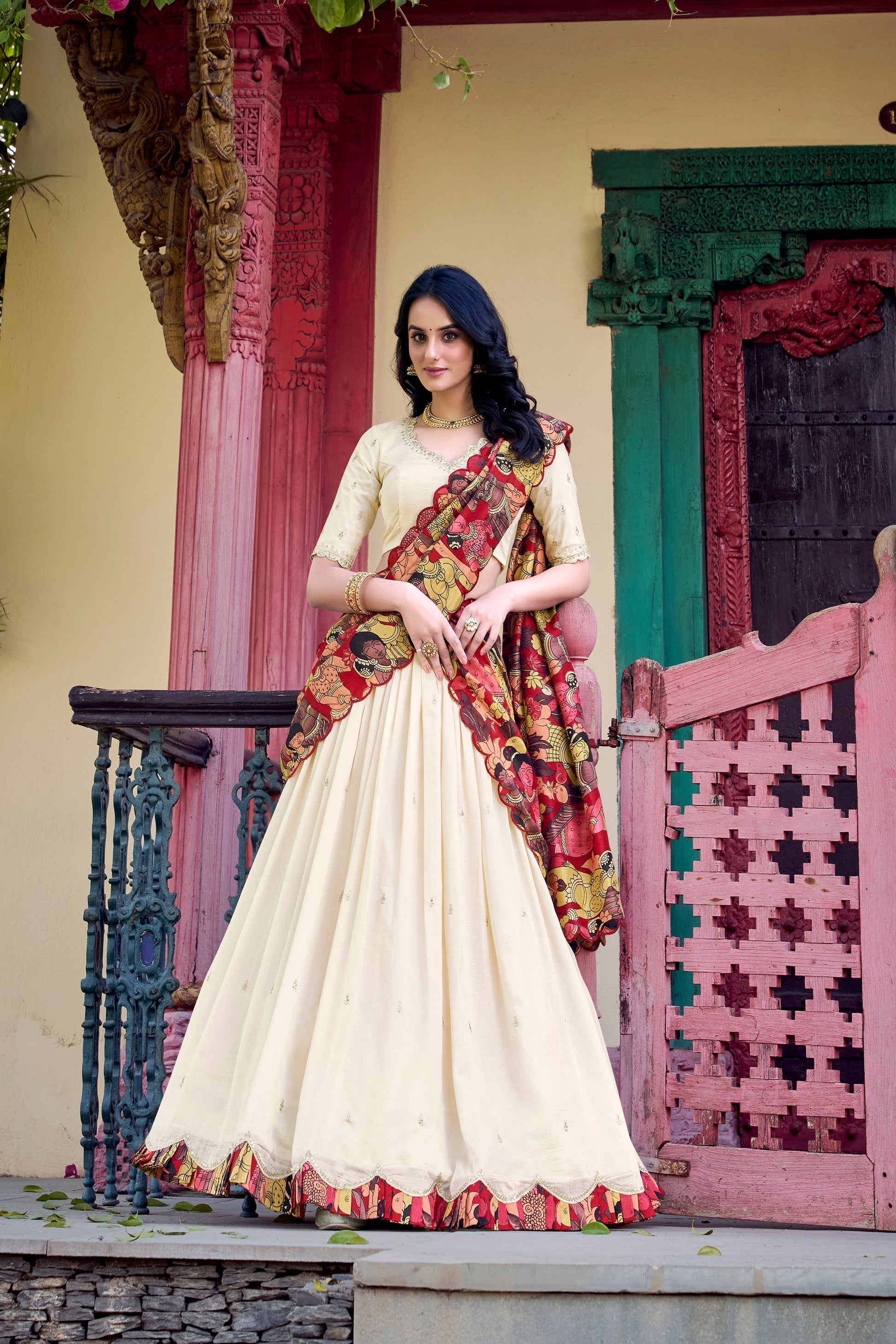 Lorenvalley Off White Vichitra Silk Sequins and Thread Embroidery Work with Kalamkari Print Border Lehenga Choli with Dupatta 
