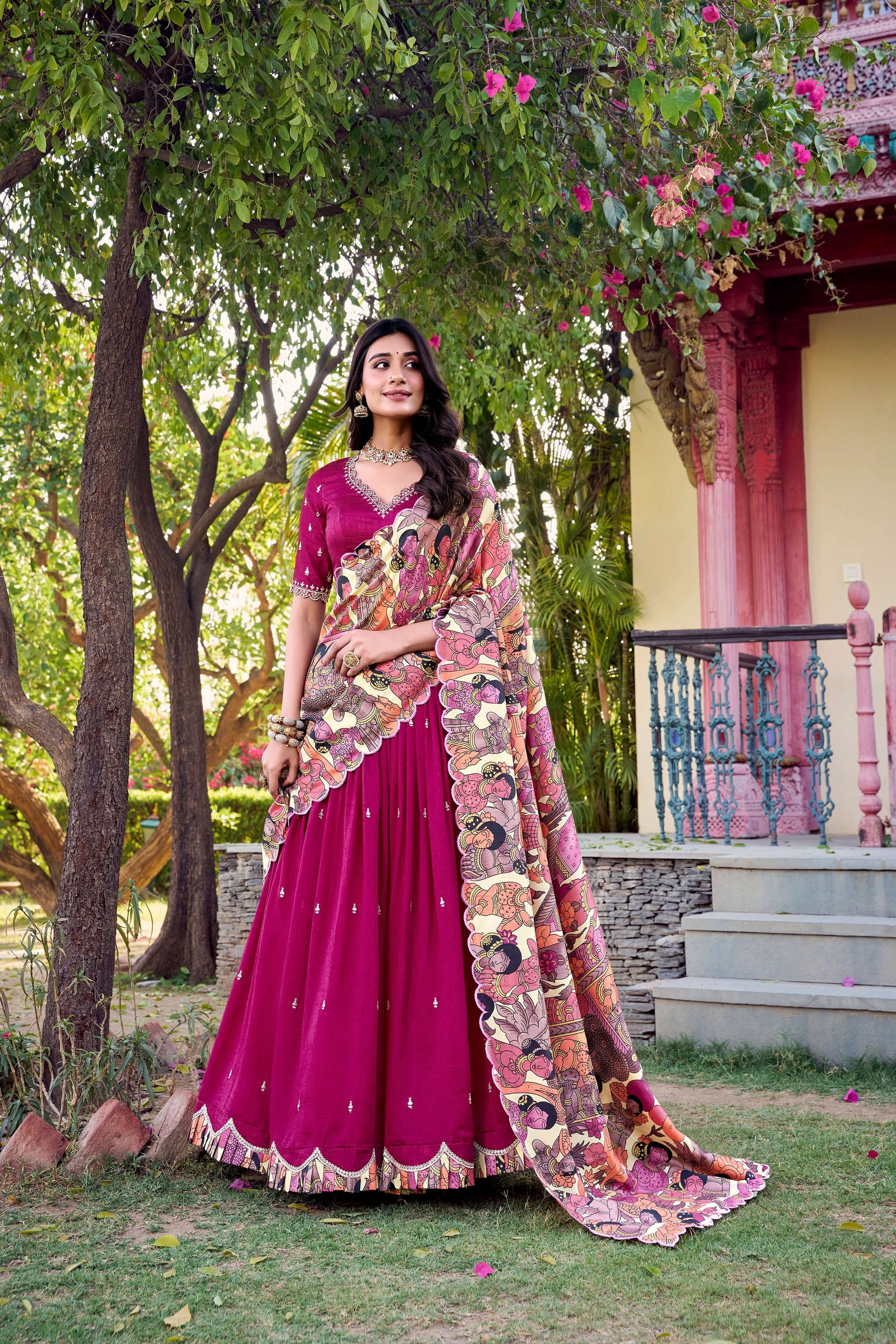 Lorenvalley Pink Vichitra Silk Sequins and Thread Embroidery Work with Kalamkari Print Border Lehenga Choli with Dupatta 