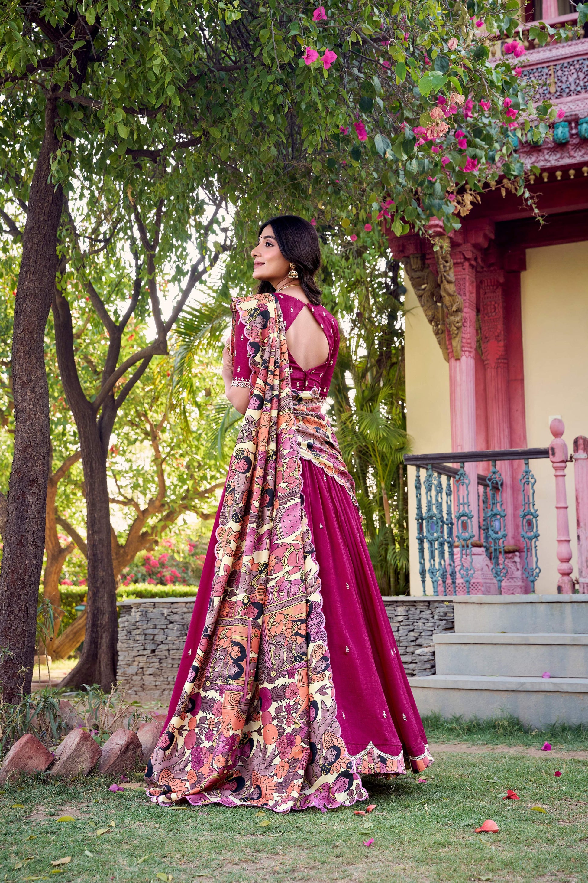 Lorenvalley Pink Vichitra Silk Sequins and Thread Embroidery Work with Kalamkari Print Border Lehenga Choli with Dupatta 