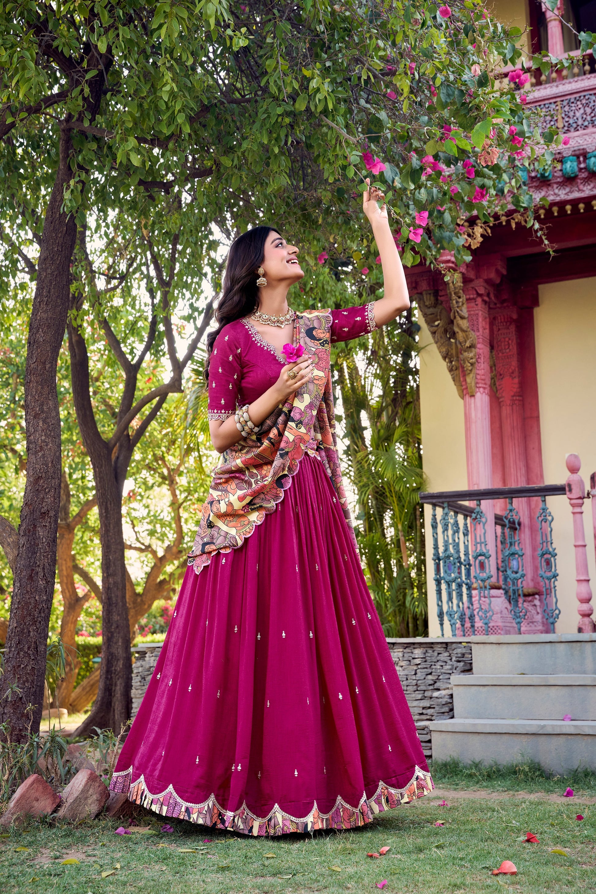 Lorenvalley Pink Vichitra Silk Sequins and Thread Embroidery Work with Kalamkari Print Border Lehenga Choli with Dupatta 