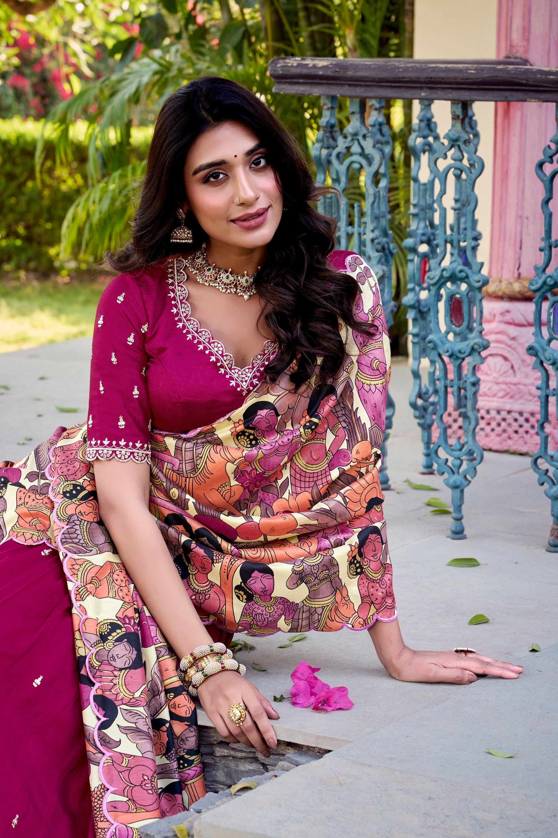 Lorenvalley Pink Vichitra Silk Sequins and Thread Embroidery Work with Kalamkari Print Border Lehenga Choli with Dupatta 