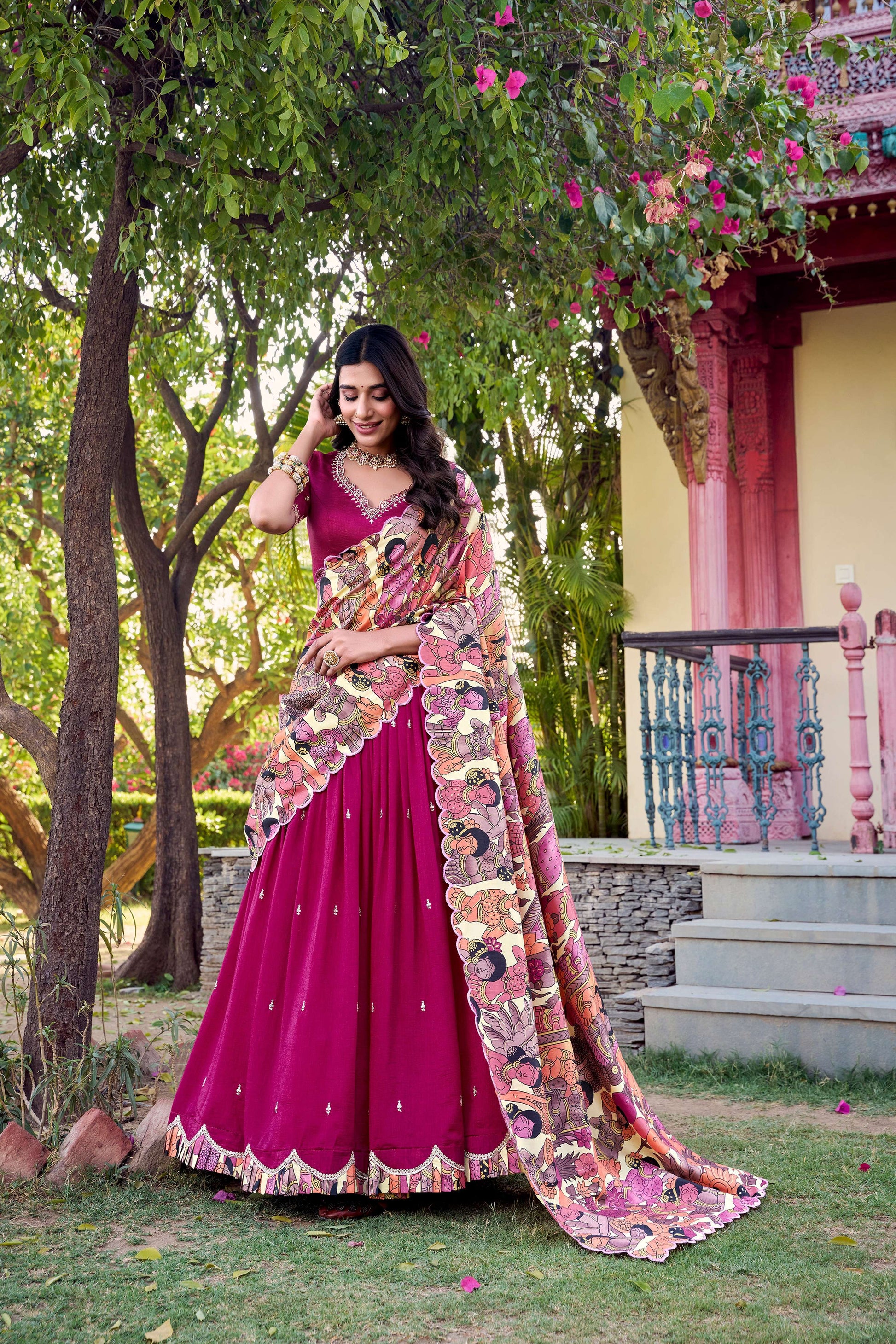 Lorenvalley Pink Vichitra Silk Sequins and Thread Embroidery Work with Kalamkari Print Border Lehenga Choli with Dupatta 