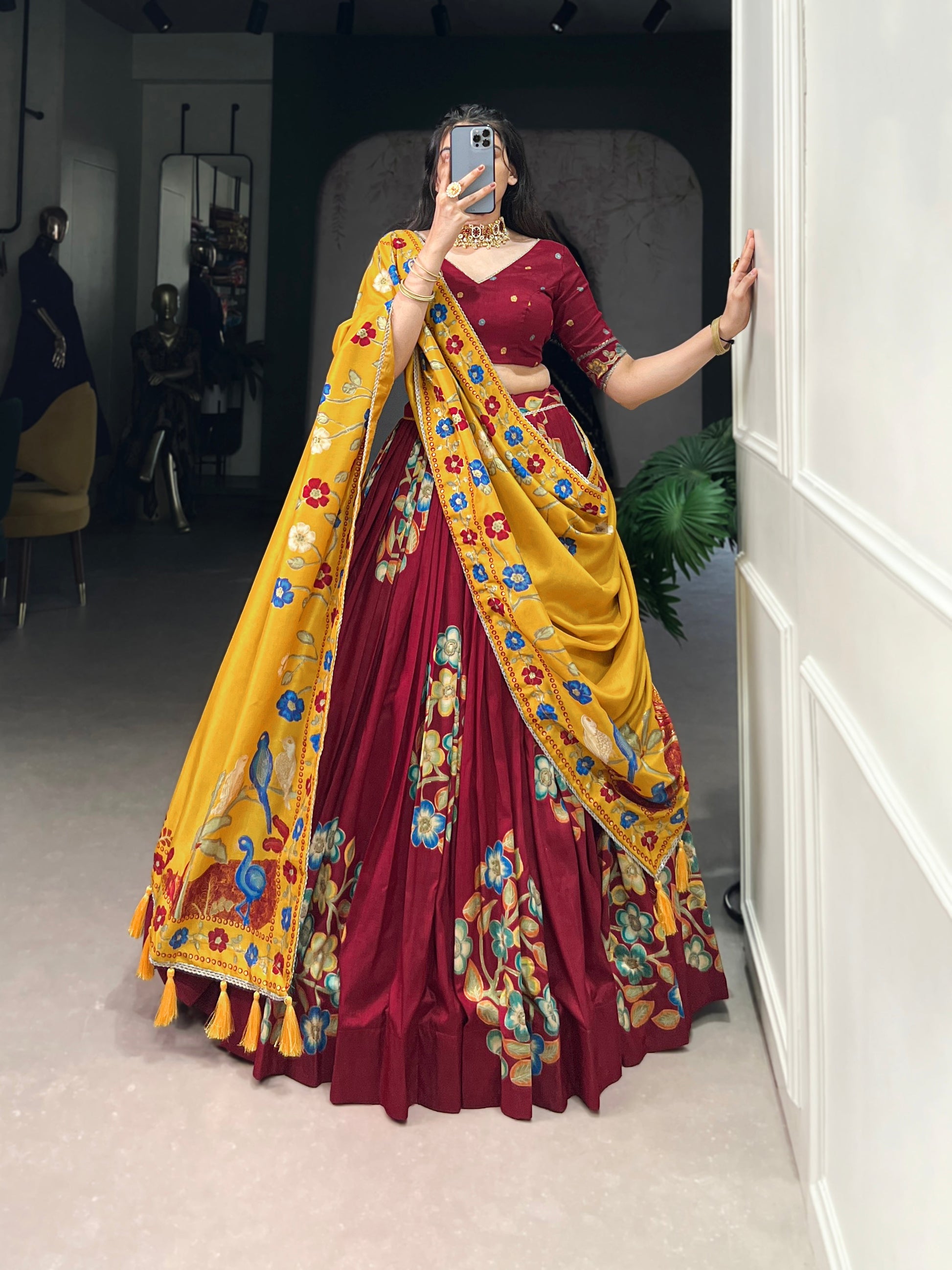 Lorenvalley Maroon Tussar Silk Printed And Foil Work With Lace Touch Up Lehenga Choli with Dupatta 