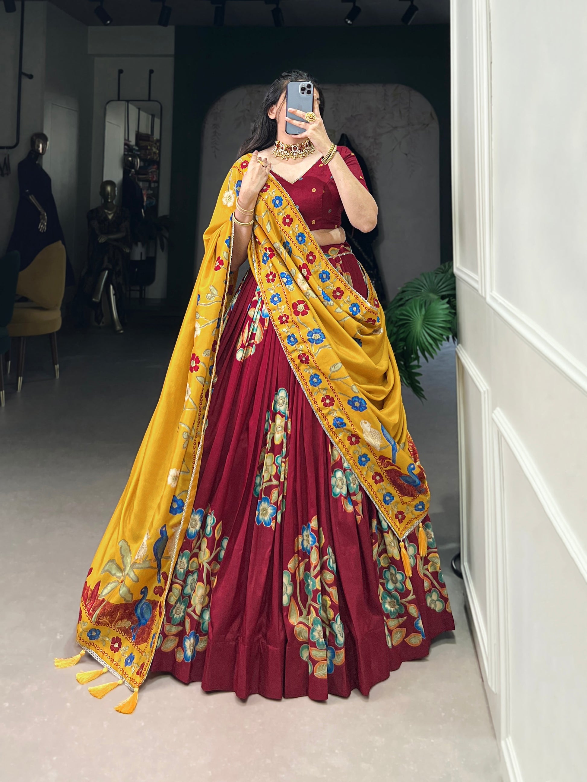 Lorenvalley Maroon Tussar Silk Printed And Foil Work With Lace Touch Up Lehenga Choli with Dupatta 