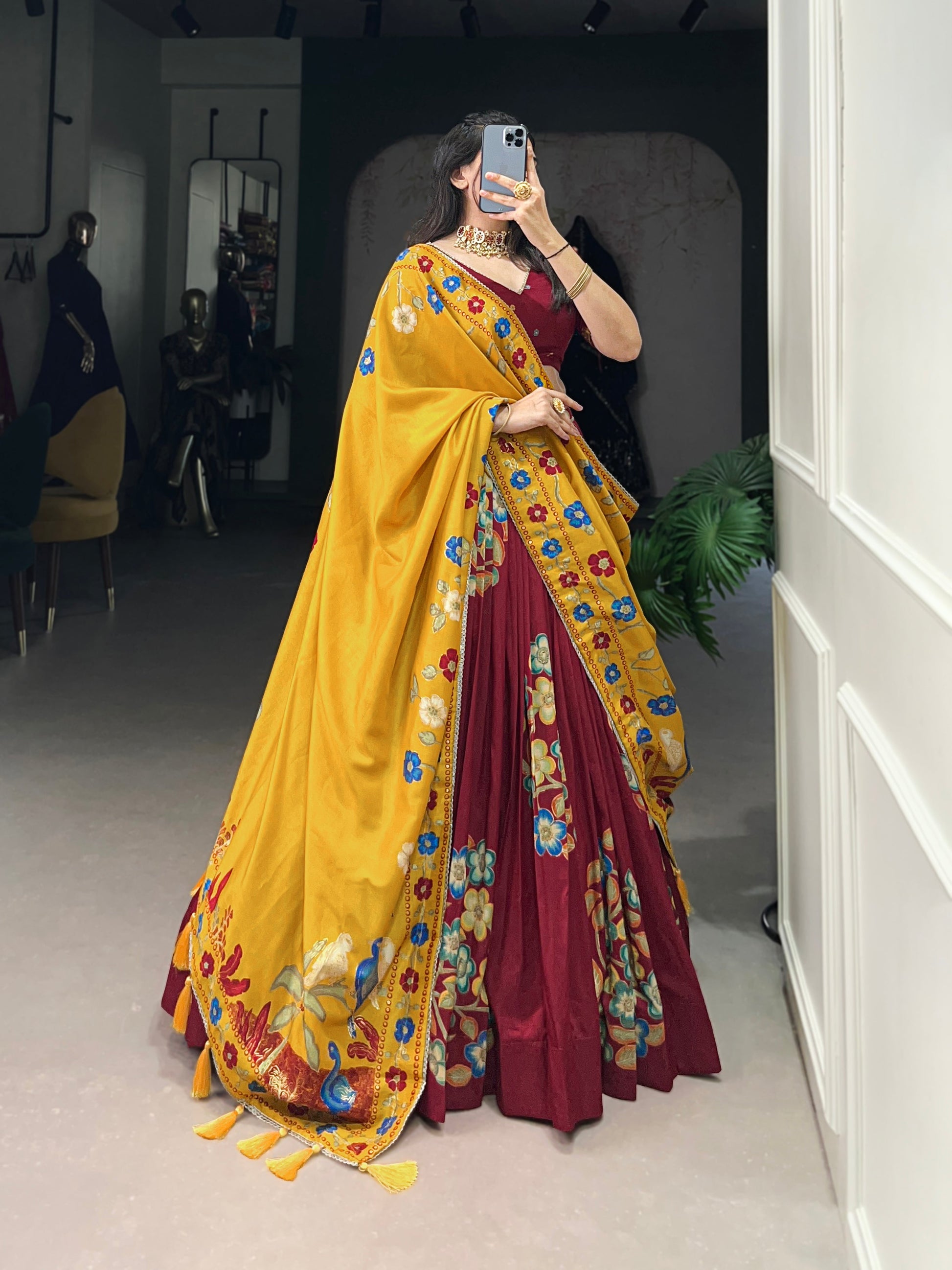 Lorenvalley Maroon Tussar Silk Printed And Foil Work With Lace Touch Up Lehenga Choli with Dupatta 