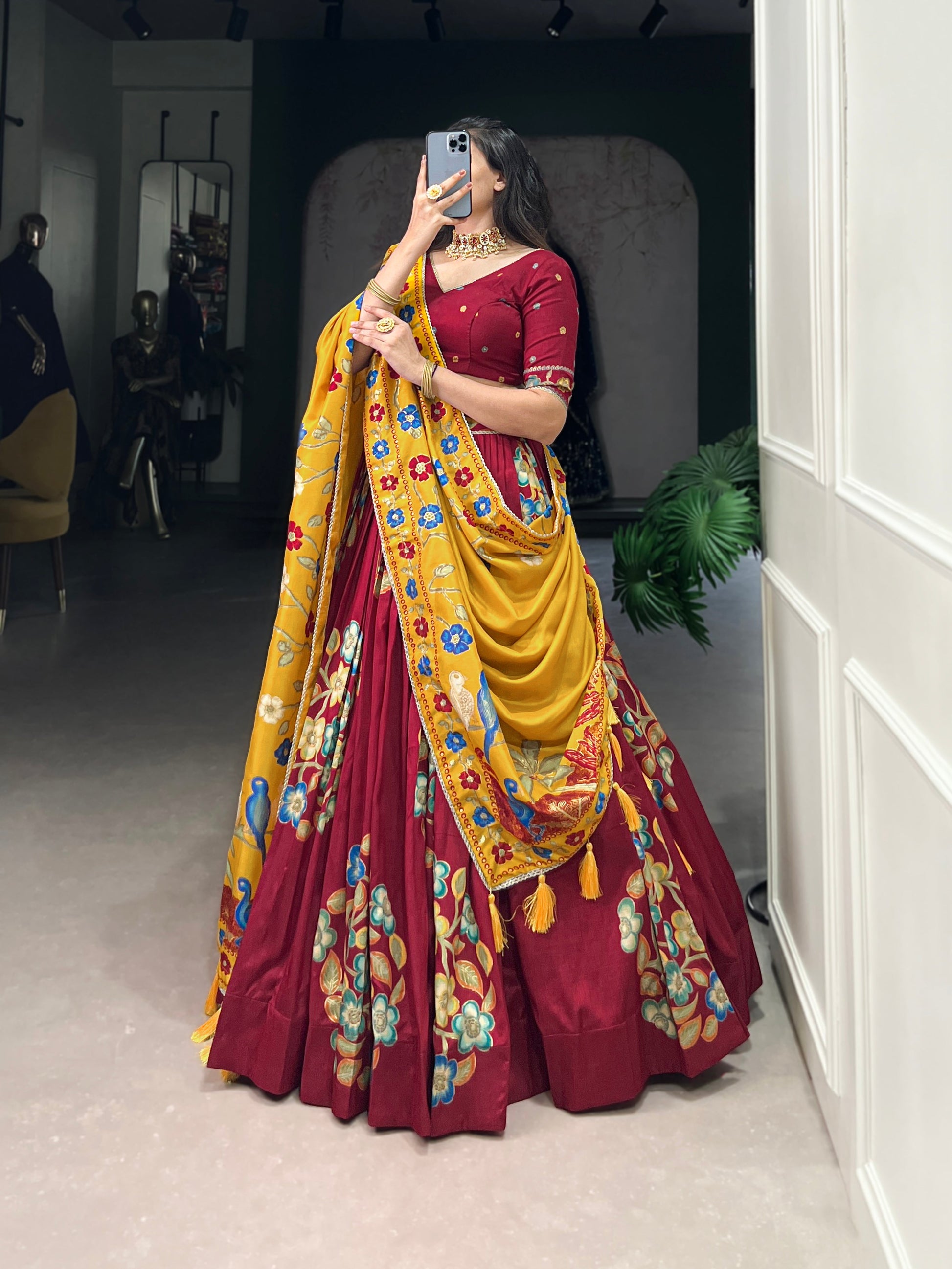 Lorenvalley Maroon Tussar Silk Printed And Foil Work With Lace Touch Up Lehenga Choli with Dupatta 