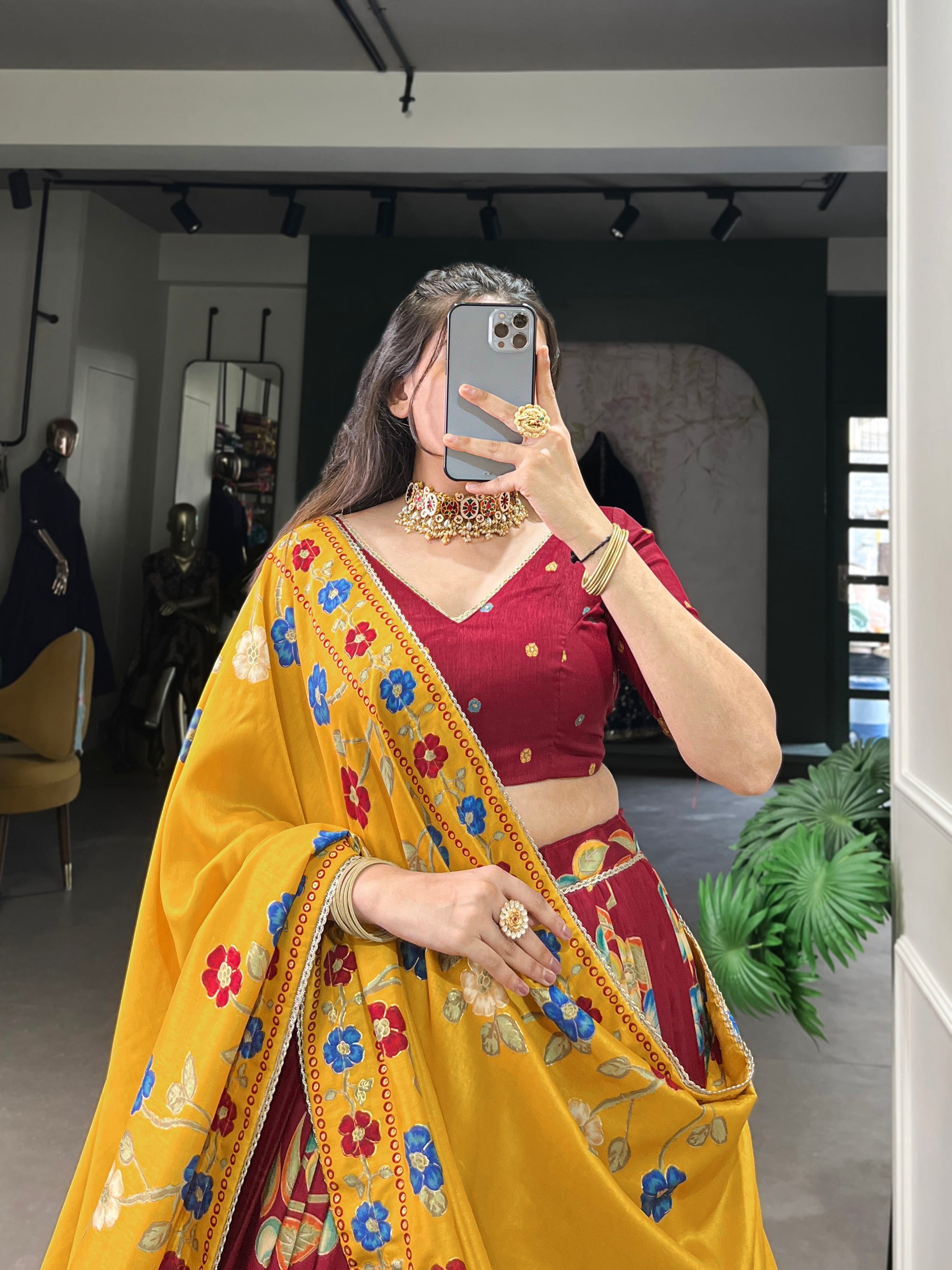 Lorenvalley Maroon Tussar Silk Printed And Foil Work With Lace Touch Up Lehenga Choli with Dupatta 