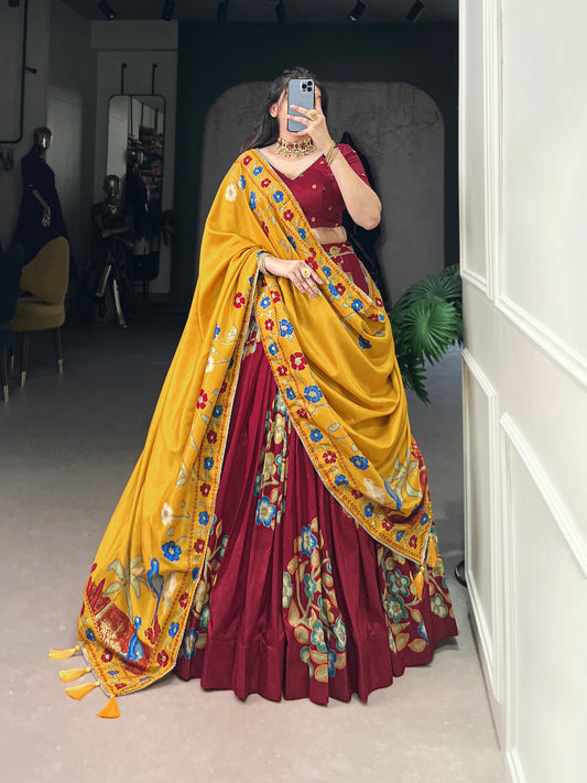 Lorenvalley Maroon Tussar Silk Printed And Foil Work With Lace Touch Up Lehenga Choli with Dupatta 