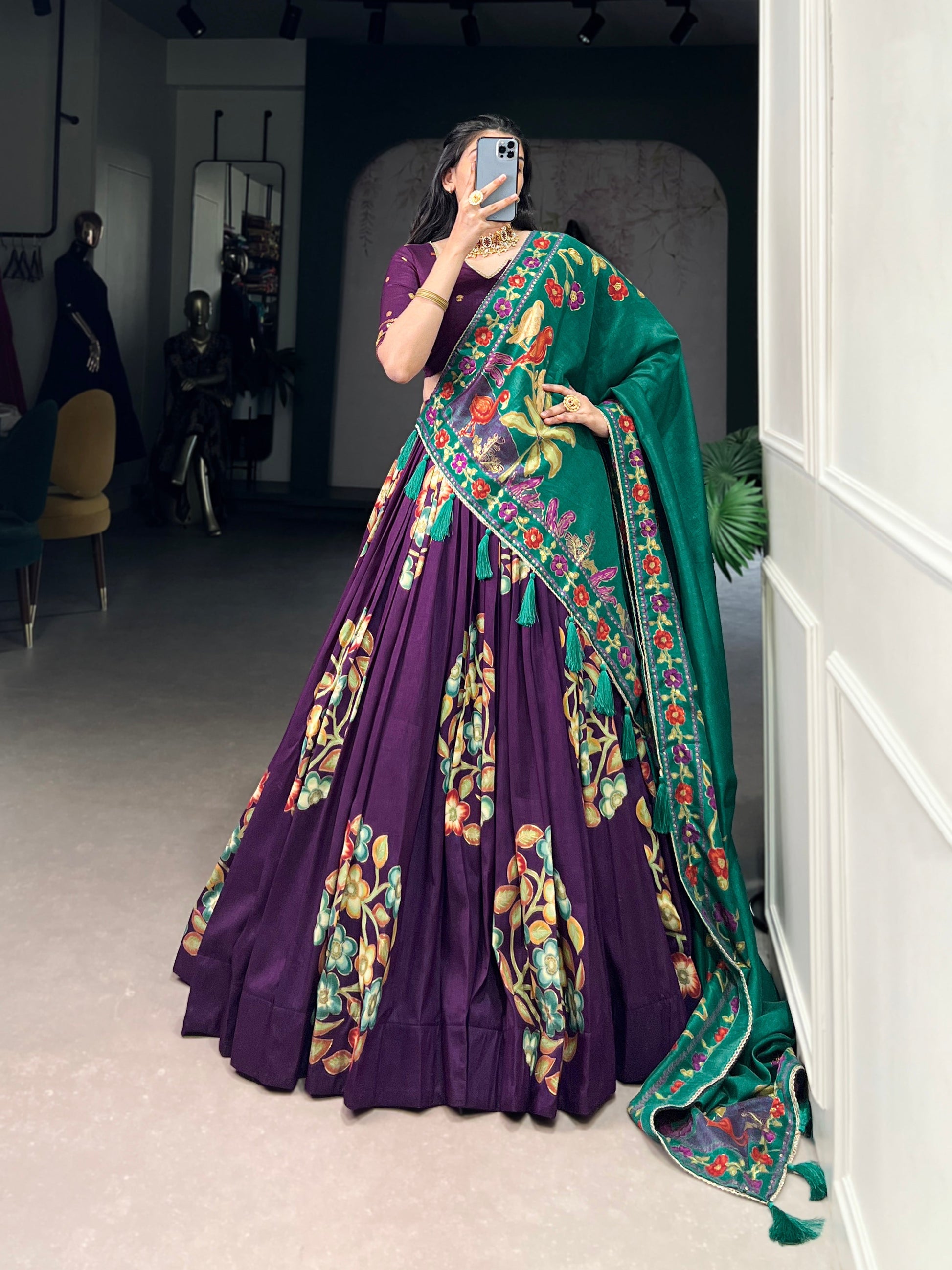Lorenvalley Purple Tussar Silk Printed And Foil Work With Lace Touch Up Lehenga Choli with Dupatta 