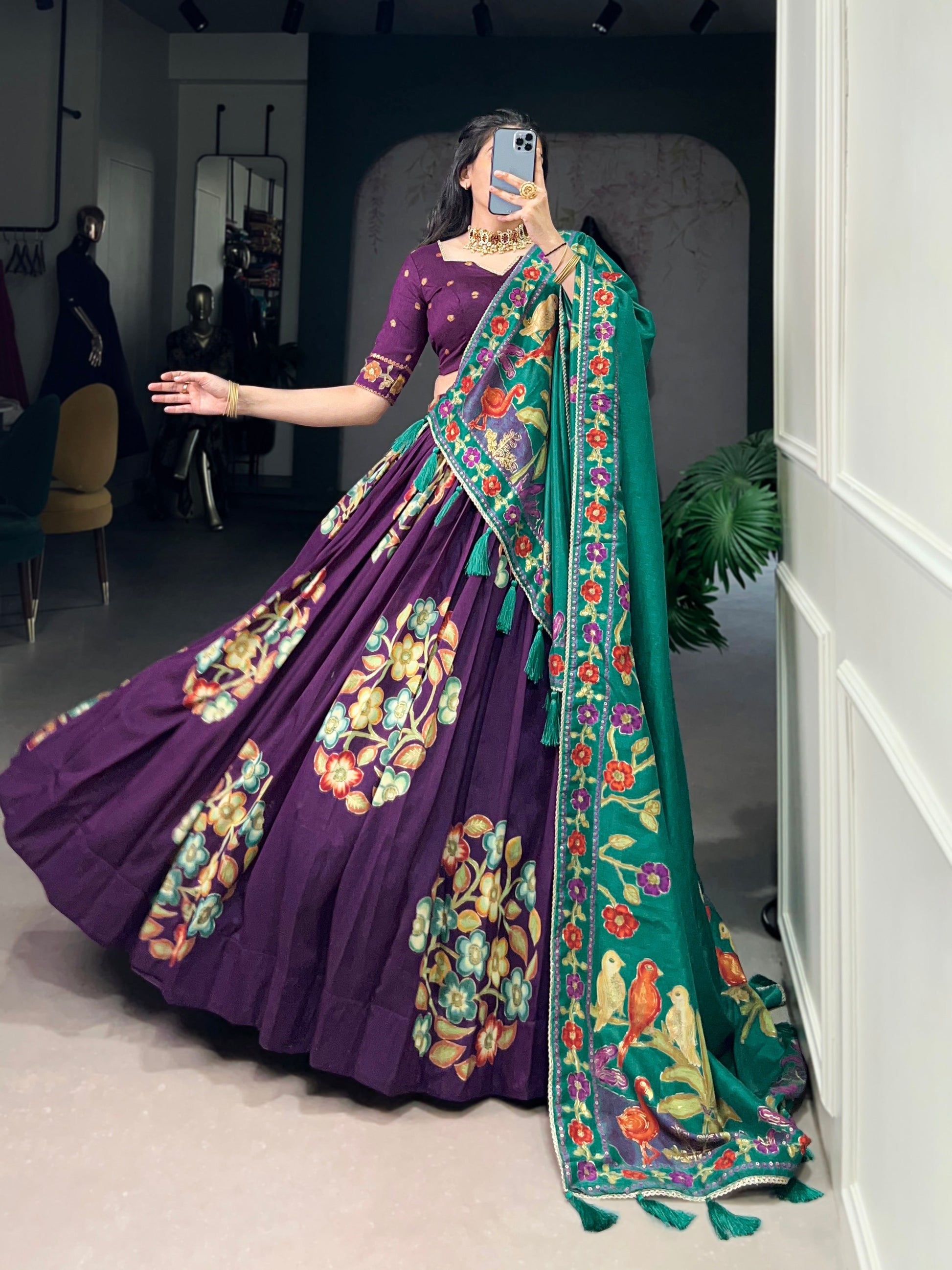 Lorenvalley Purple Tussar Silk Printed And Foil Work With Lace Touch Up Lehenga Choli with Dupatta 