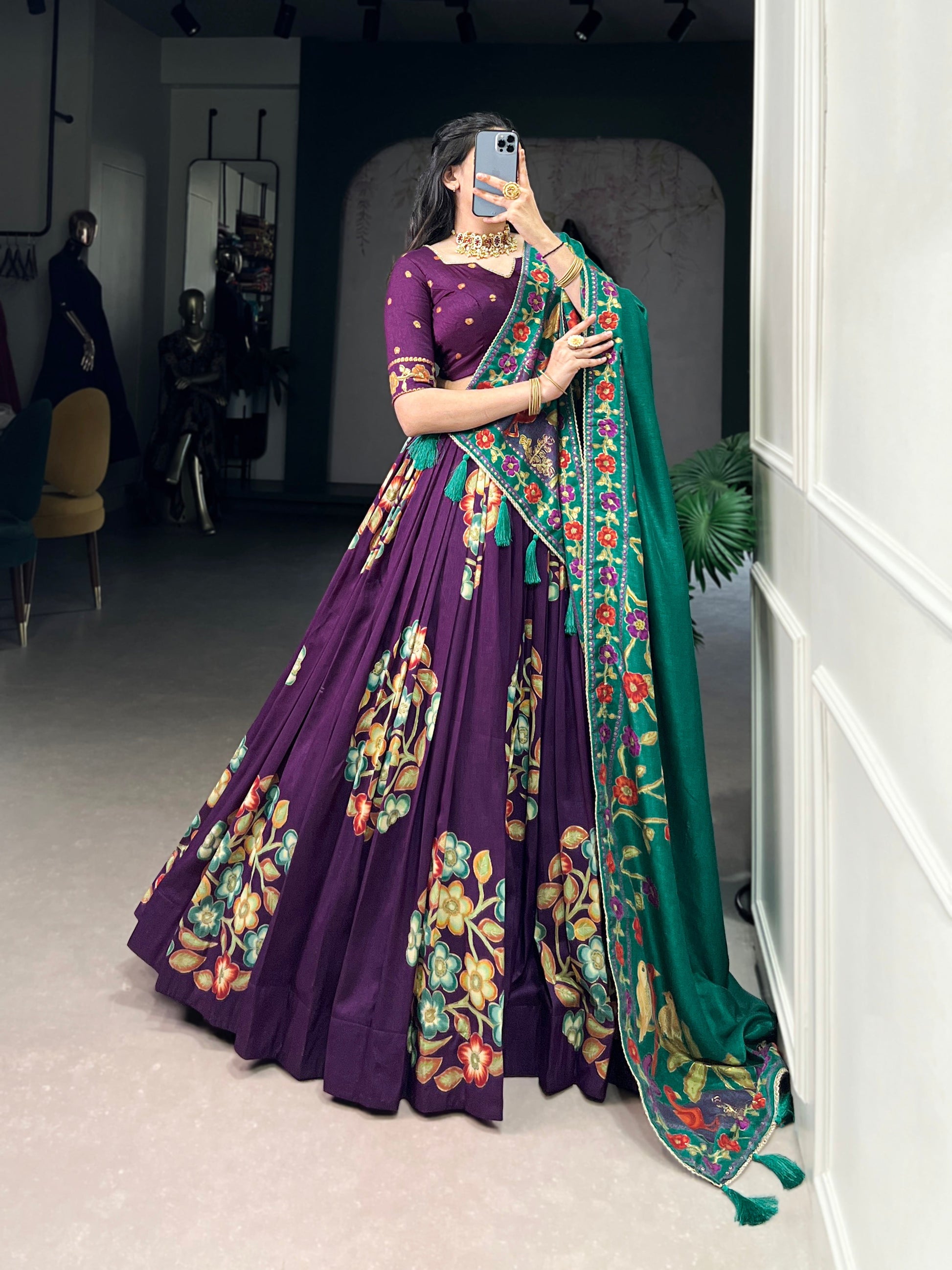 Lorenvalley Purple Tussar Silk Printed And Foil Work With Lace Touch Up Lehenga Choli with Dupatta 