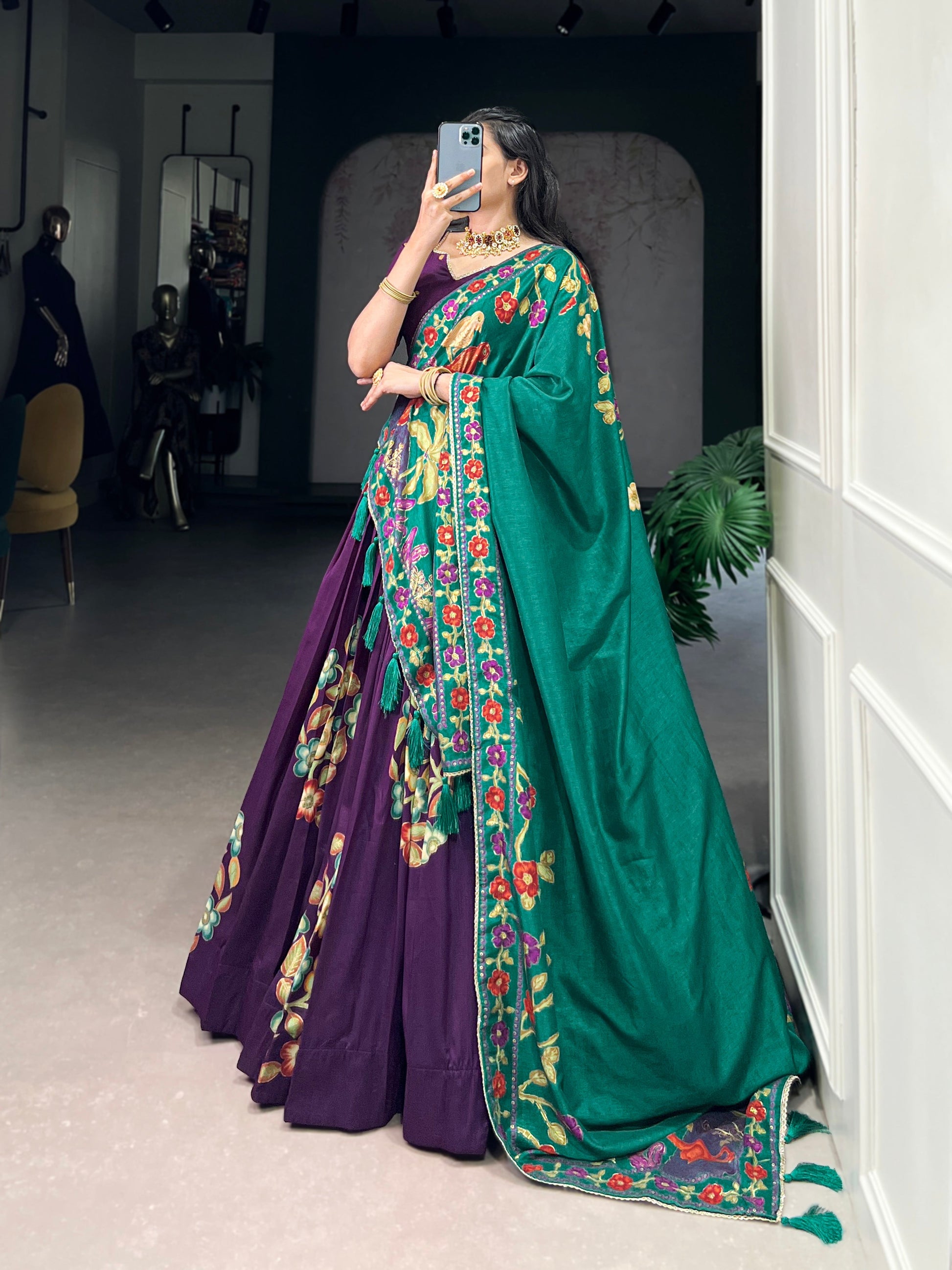 Lorenvalley Purple Tussar Silk Printed And Foil Work With Lace Touch Up Lehenga Choli with Dupatta 