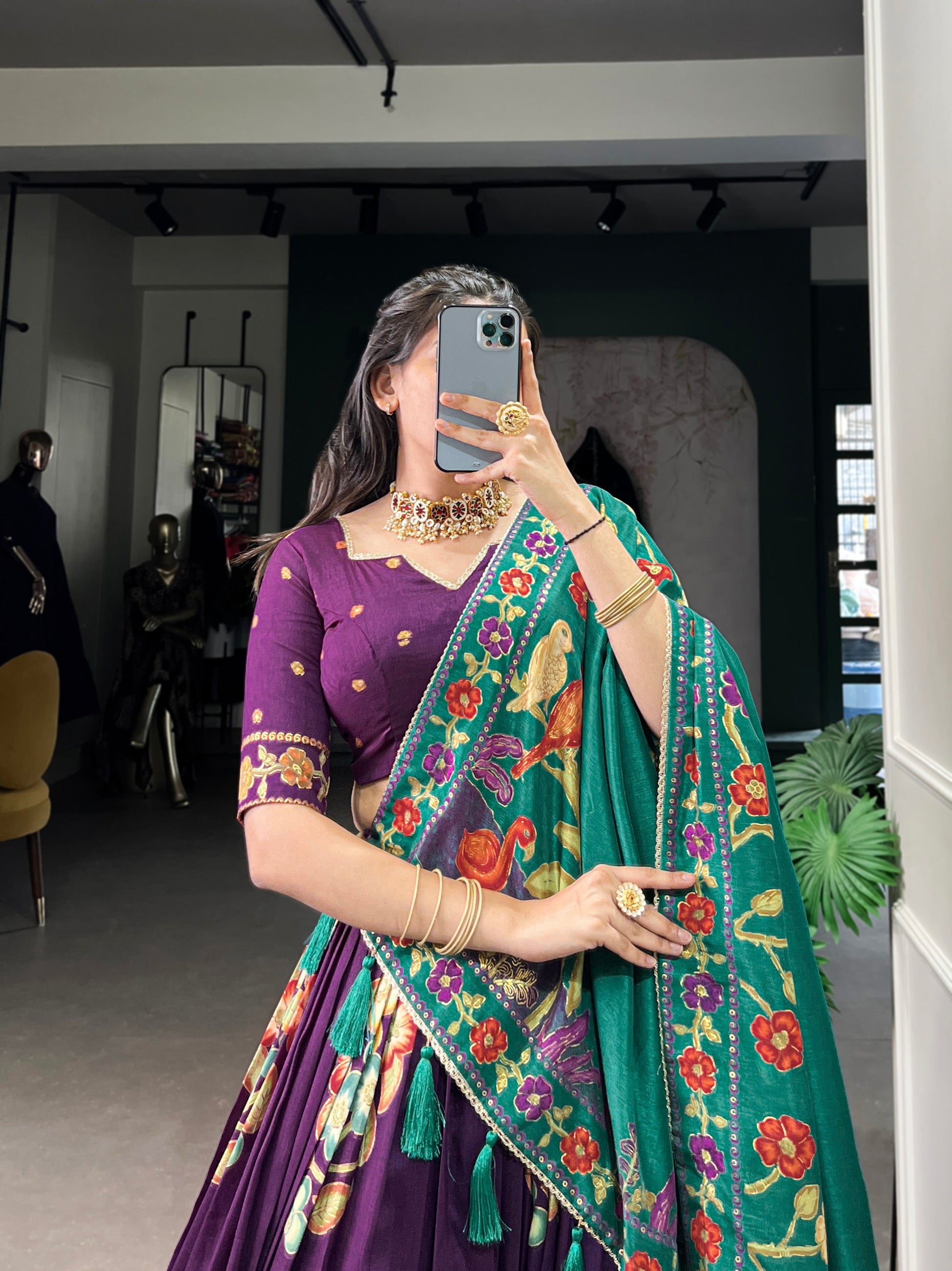 Lorenvalley Purple Tussar Silk Printed And Foil Work With Lace Touch Up Lehenga Choli with Dupatta 