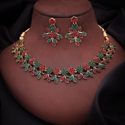 Tehzeeb Creations Green And Maroon Pack of 1 Gold-Polished Choker Necklace Set With Earring For Women & Girls