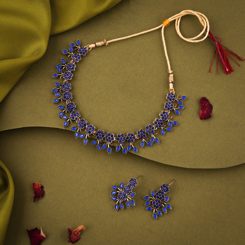 Tehzeeb Creations Royal Blue Pack of 1 Gold-Polished Choker Necklace Set With Earring For Women & Girls Tehzeeb Creations